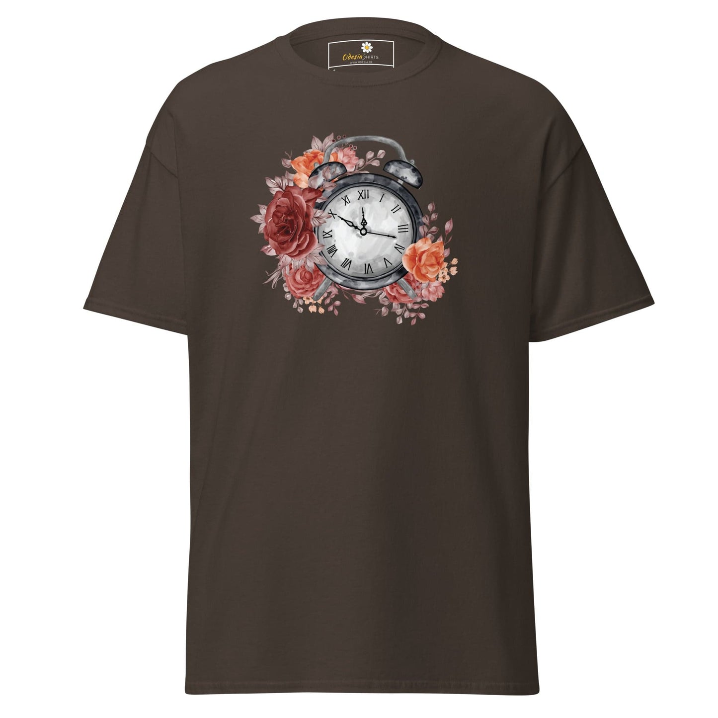Unisex classic t-shirt - FANTASY CLOCK TIME FLOWERS - REGULAR - Dark Chocolate / S
