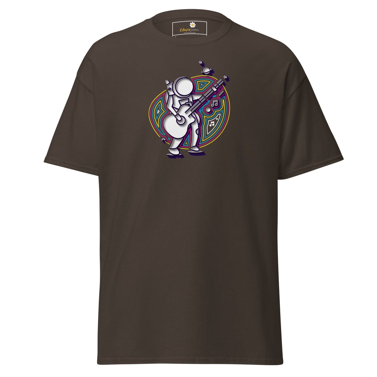 Brown T-shirt featuring an astronaut graphic, suitable for men and women in sizes S to XL