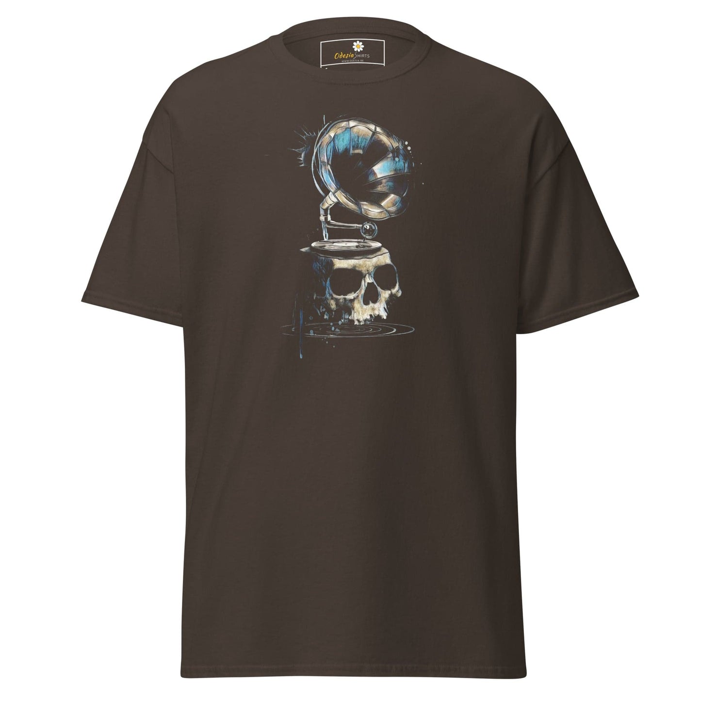 Brown T-shirt with skull and gramophone graphic for men and women in sizes S to XL