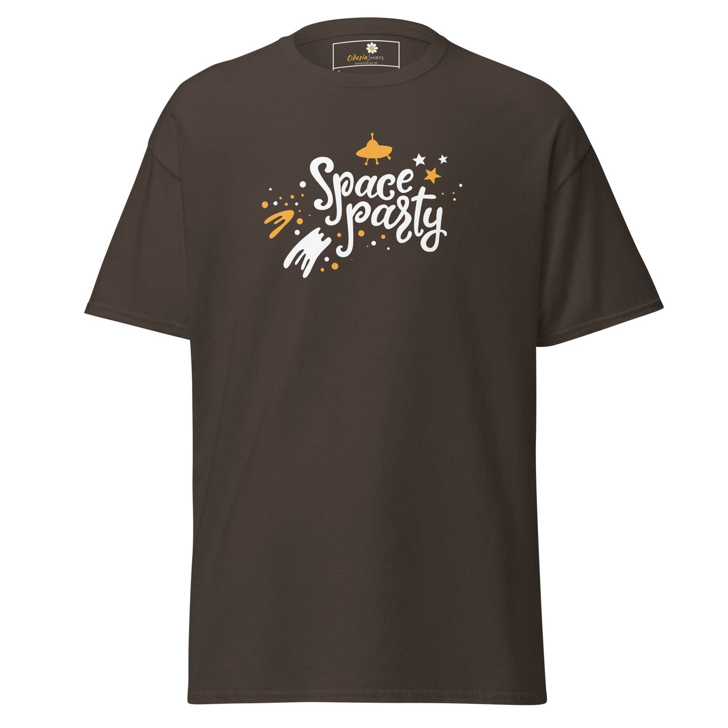Brown T-shirt with space party graphic for Men and Women in sizes S to XL