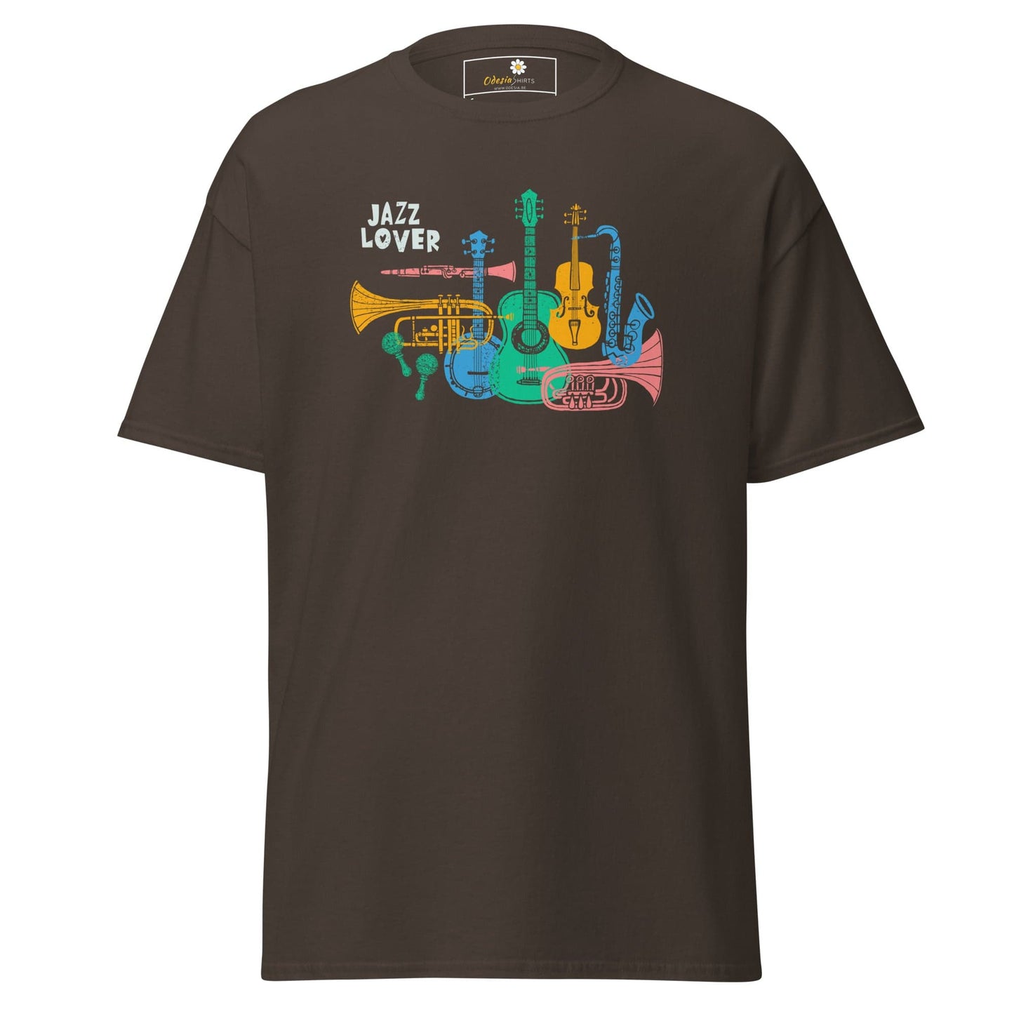 Brown T-shirt featuring a musical instrument graphic for men and women, available in sizes S to XL