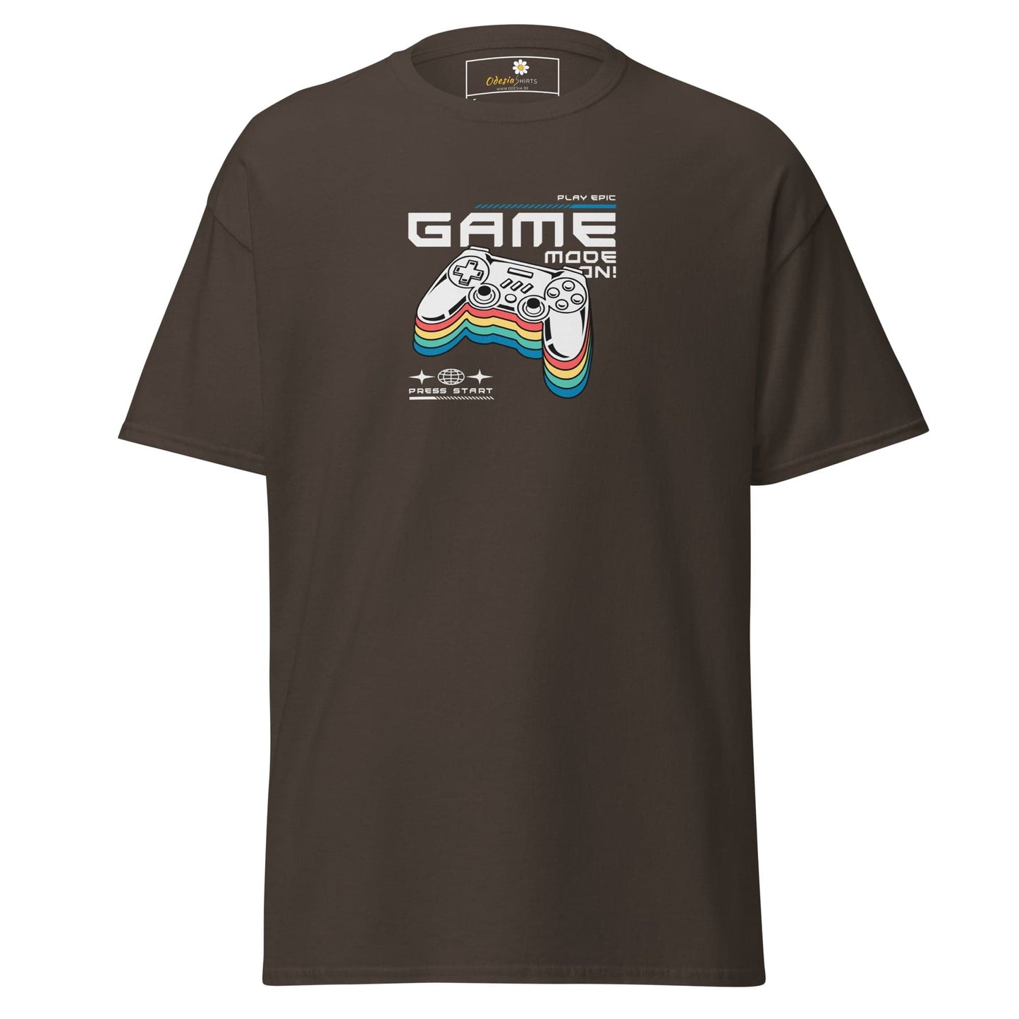 Brown T-shirt featuring a gaming controller graphic for men and women sizes S to XL