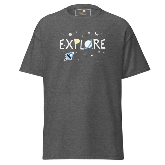 Gray T-shirt featuring a space-themed design, suitable for men and women, available in sizes S to XL