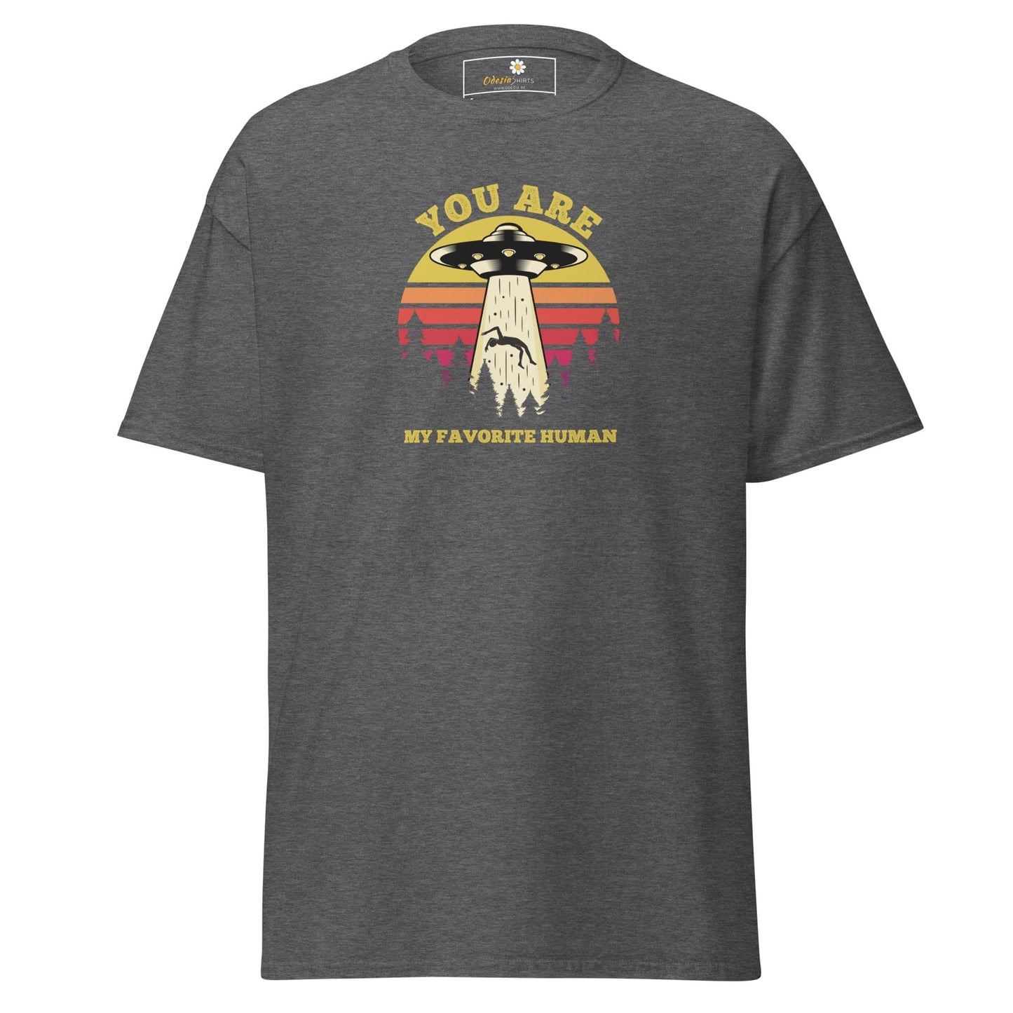 Gray T-shirt with alien abduction graphic for Men and Women available in sizes S to XL