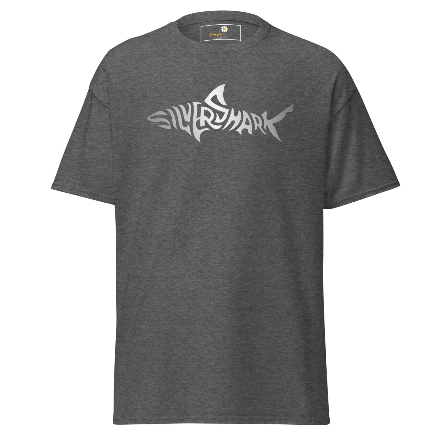 Gray T-shirt featuring Silver Shark text in shark shape for men and women sizing S to XL