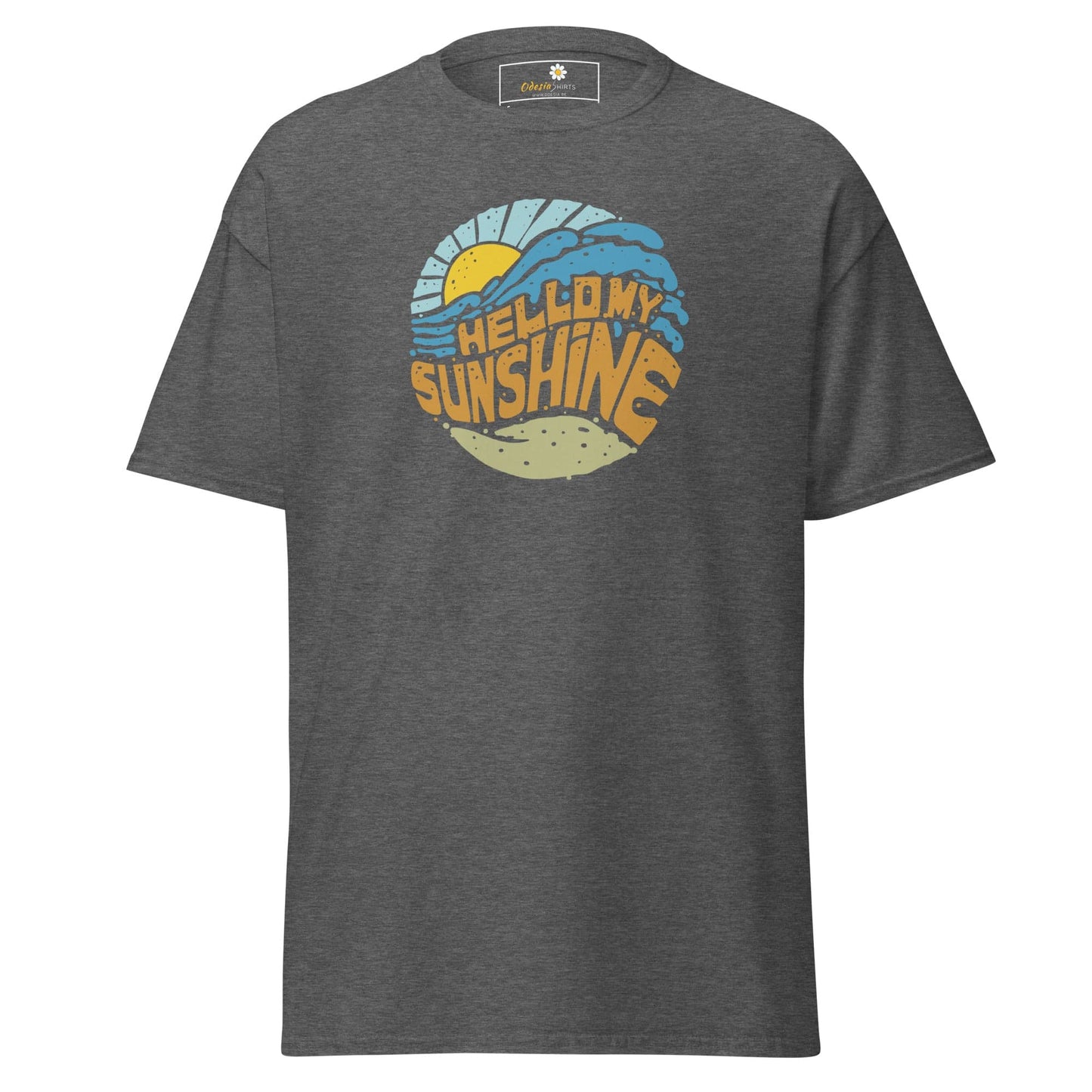 Gray T-shirt featuring a beach graphic for Men and Women in sizes S to XL