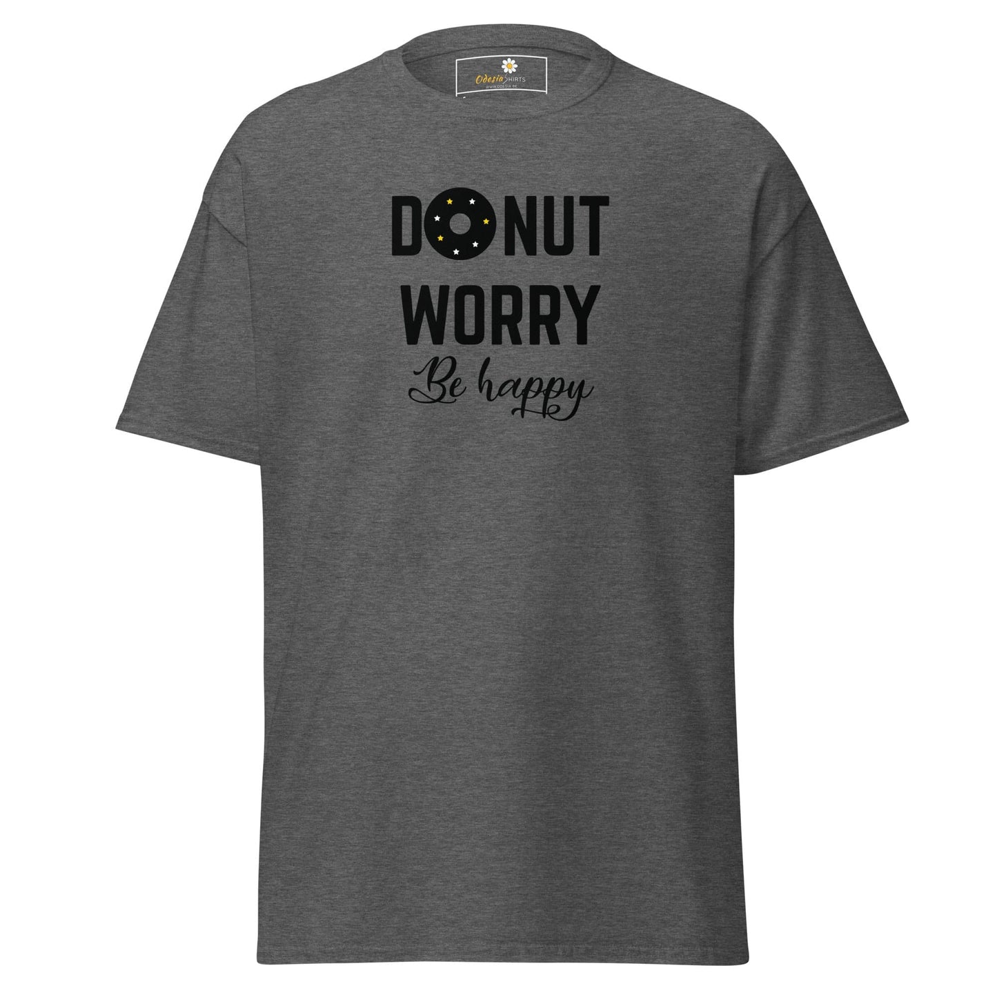 Gray T-shirt with Donut Worry Be Happy text, suitable for men and women S to XL