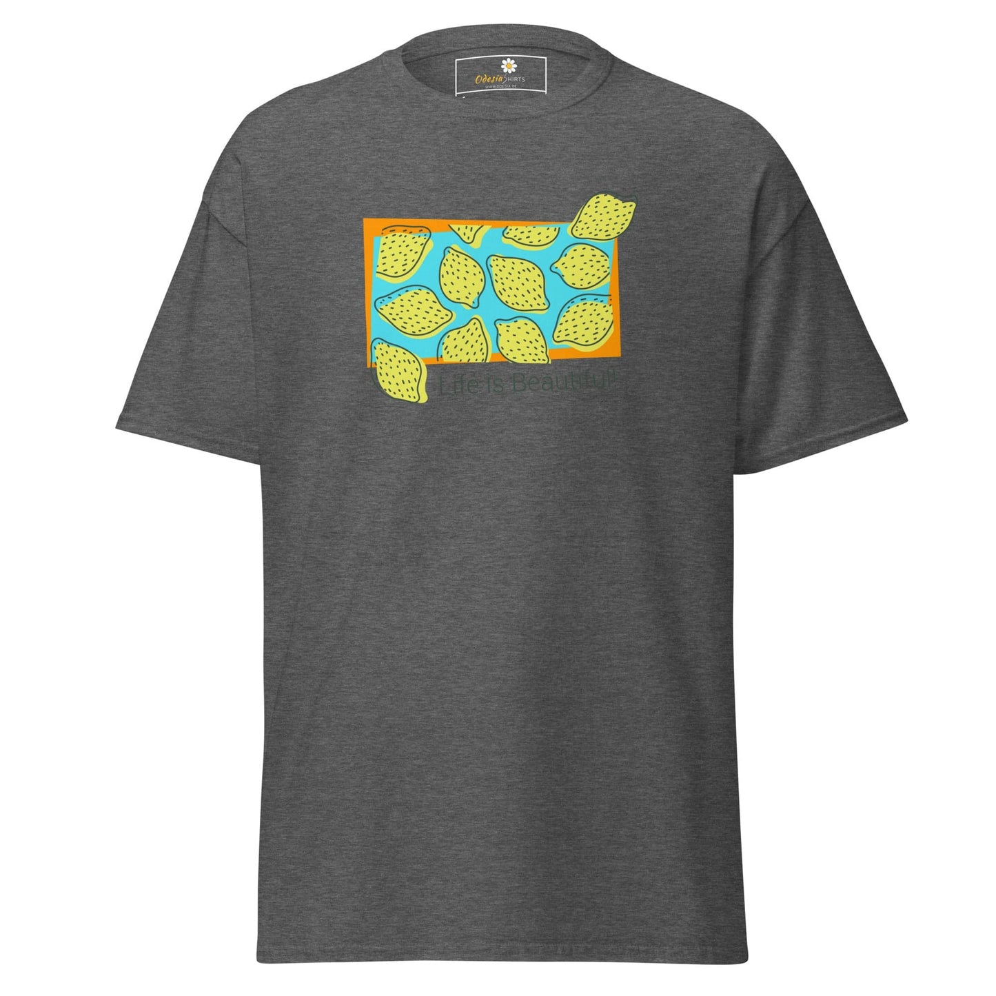 Gray T-shirt with lemon graphic from T-SHIRT DESIGN TEE for Men and Women sizes S to XL