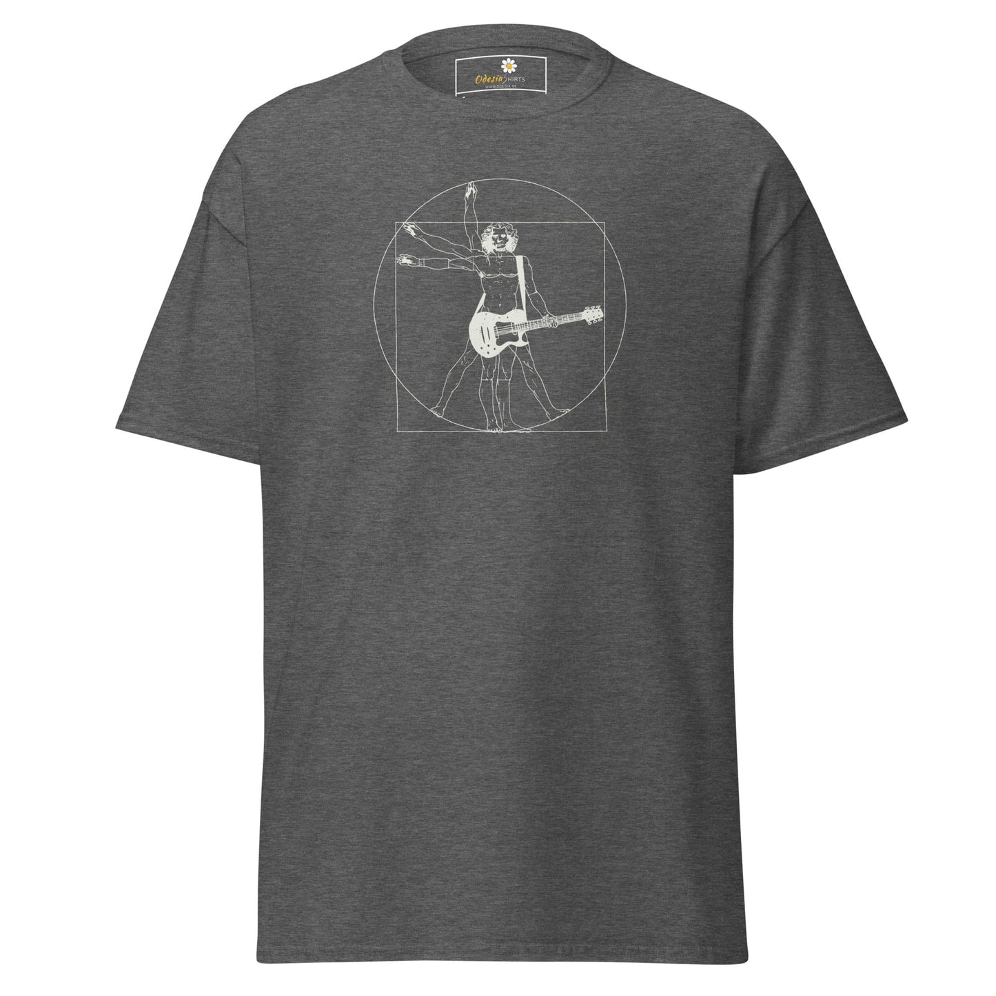 Gray T-shirt featuring a Vitruvian Man guitarist design for Men and Women