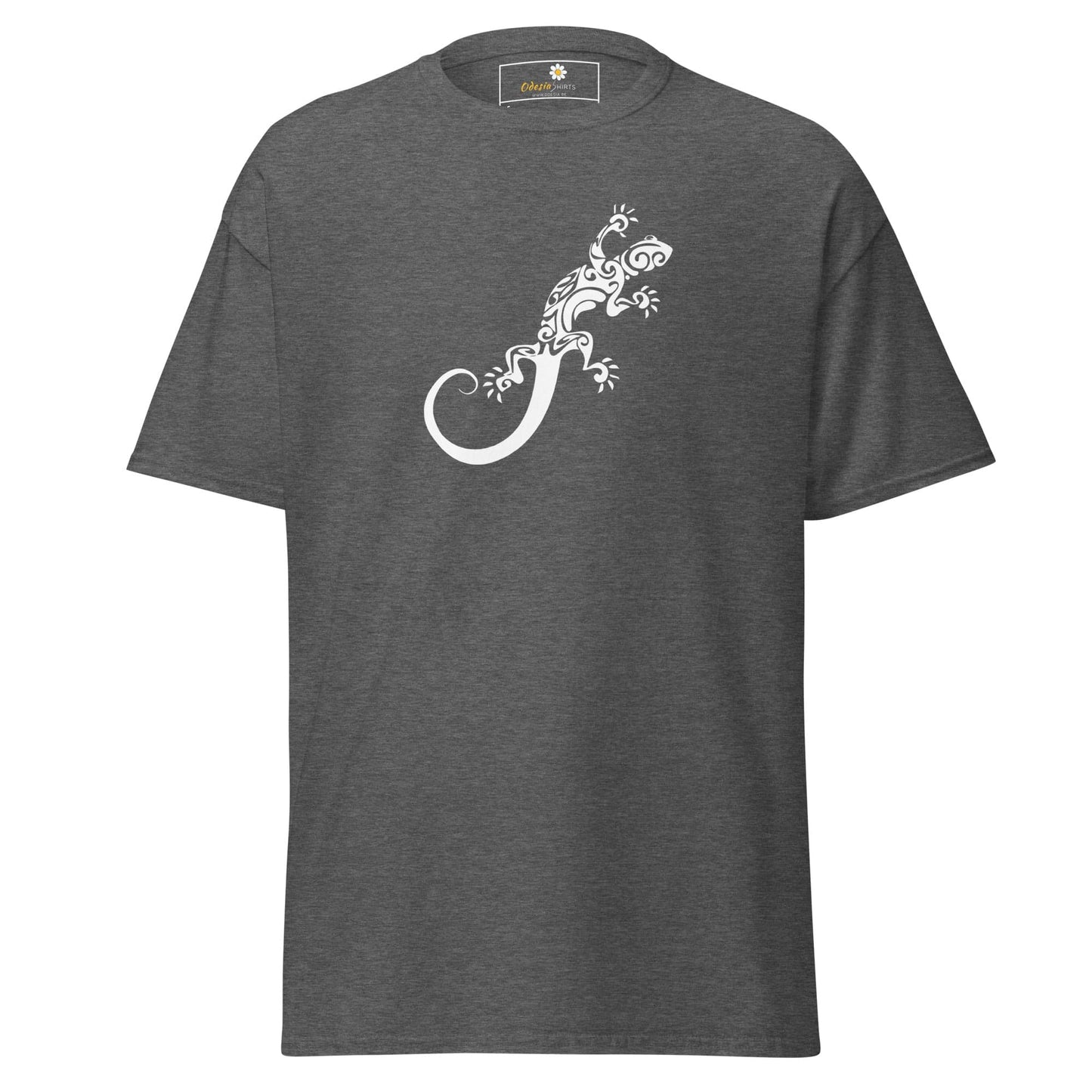Gray T-shirt with white lizard design for men and women, available in sizes S to XL