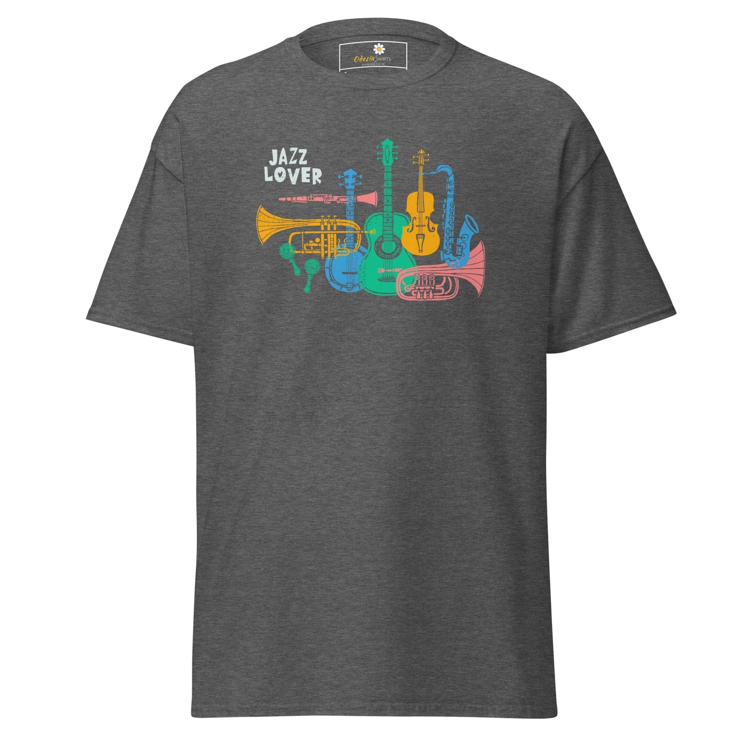 Gray T-shirt with jazz instrument graphic for men and women in S to XL sizes