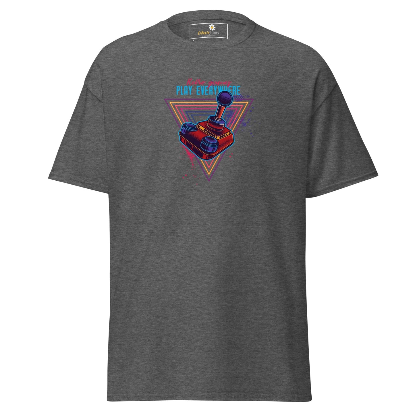 Gray t-shirt with a retro gaming design ideal for men and women in sizes S to XL