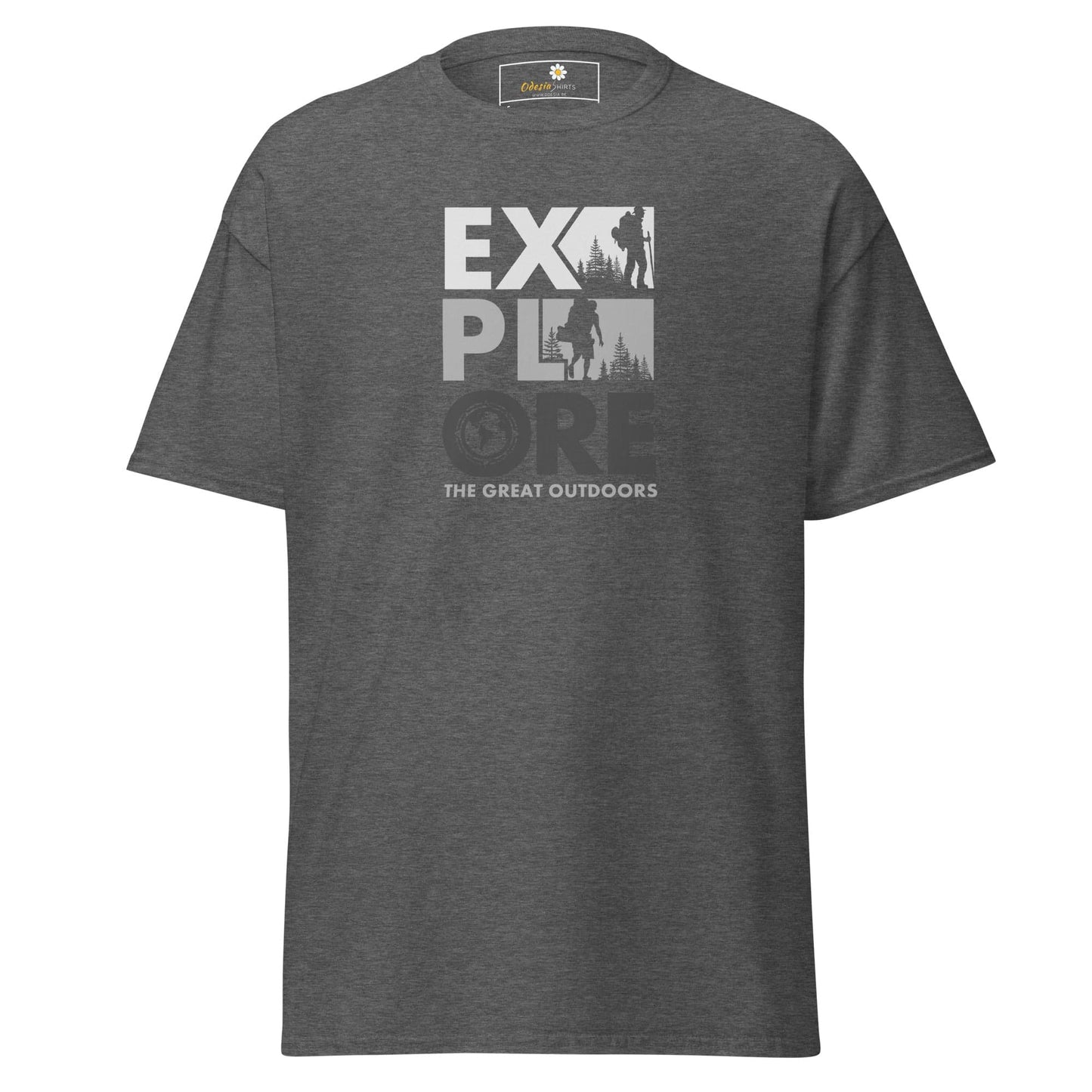 Gray T-shirt with Explore graphic for men and women in size S to XL