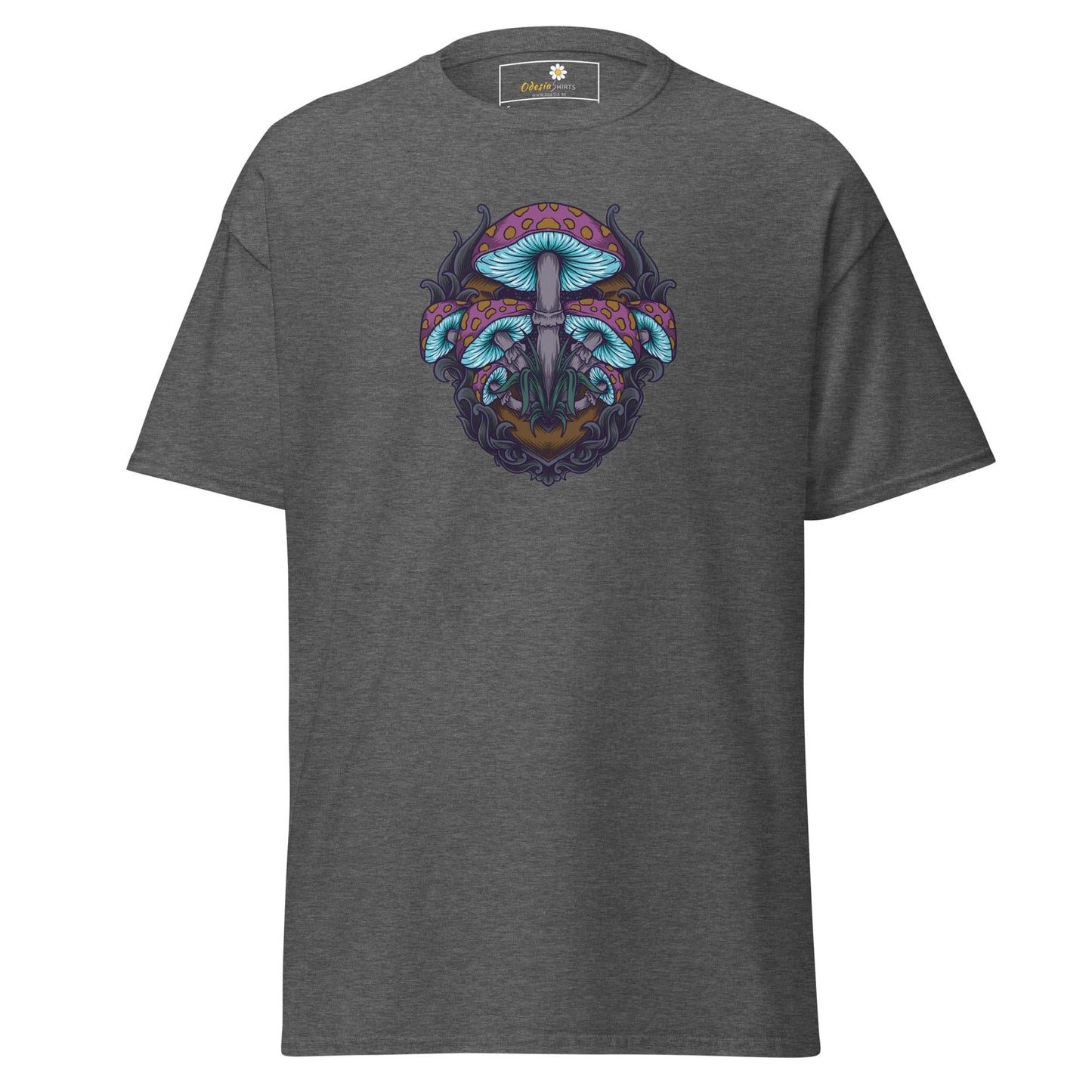 Gray T-shirt with mushroom artwork from T-SHIRT DESIGN TEE for Men and Women S to XL