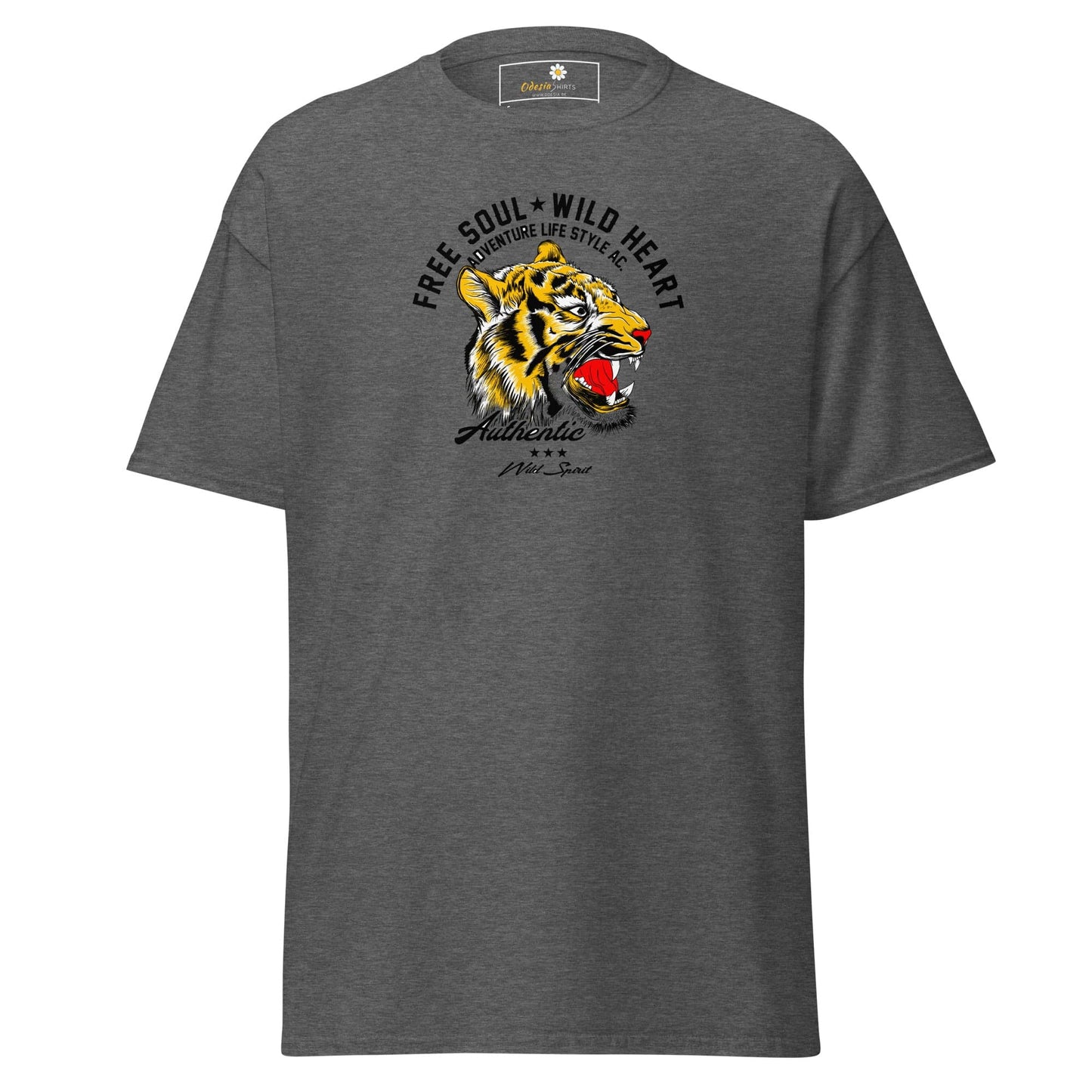 Gray T-shirt with tiger graphic from T-SHIRT DESIGN TEE for men and women, available in S to XL