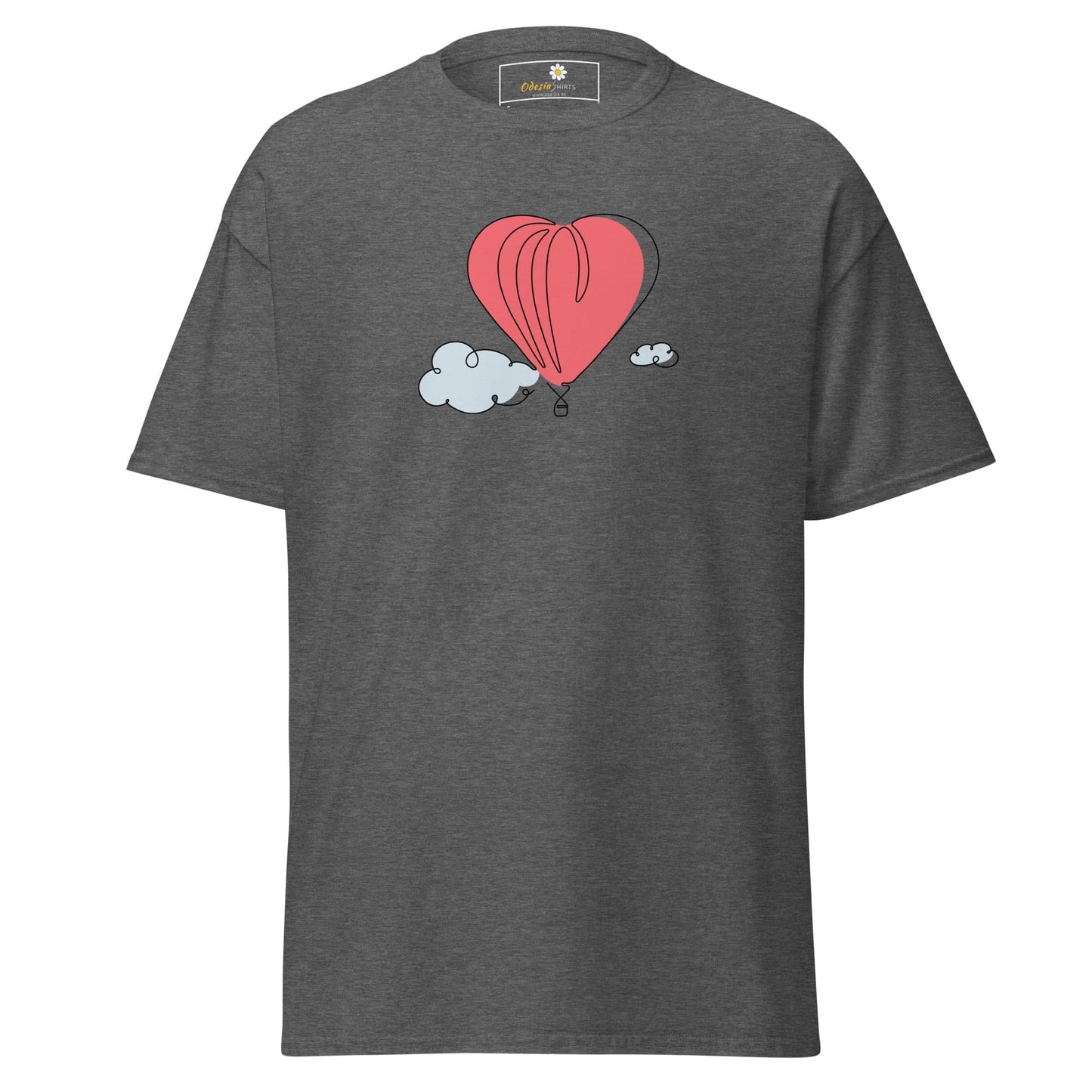 Gray T-Shirt with Heart Balloon Graphic, Available for Men and Women in Sizes S to XL