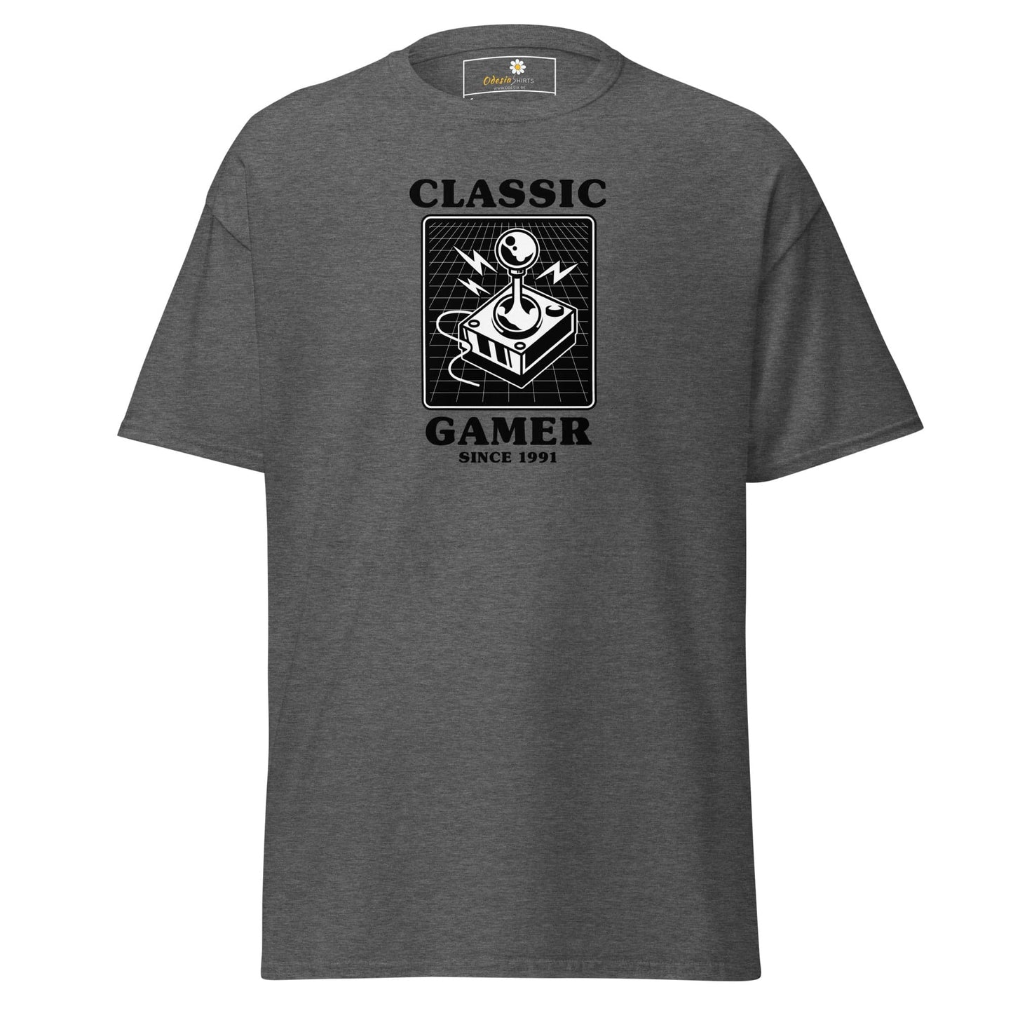 Gray t-shirt featuring a retro gaming design for men and women in sizes S to XL