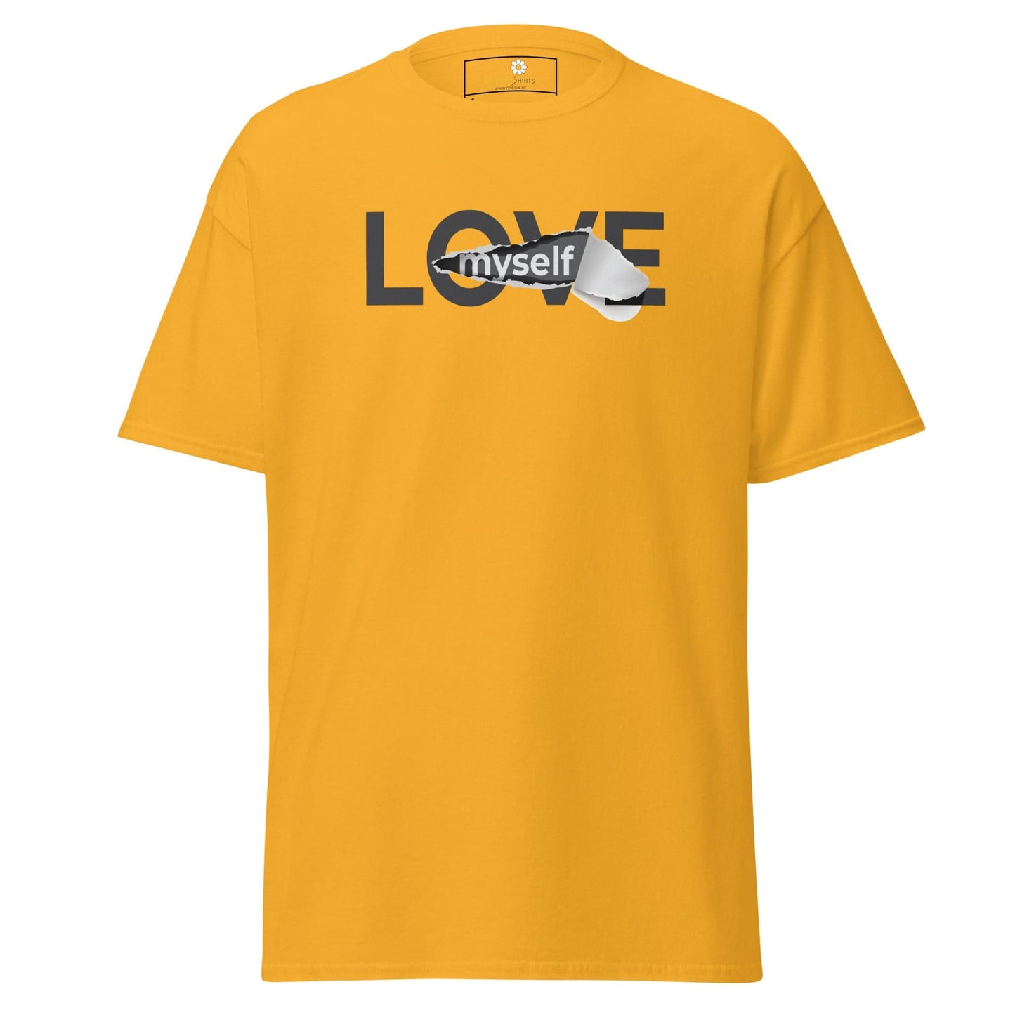 Yellow T-shirt with LOVE myself graphic for Men and Women in size S to XL