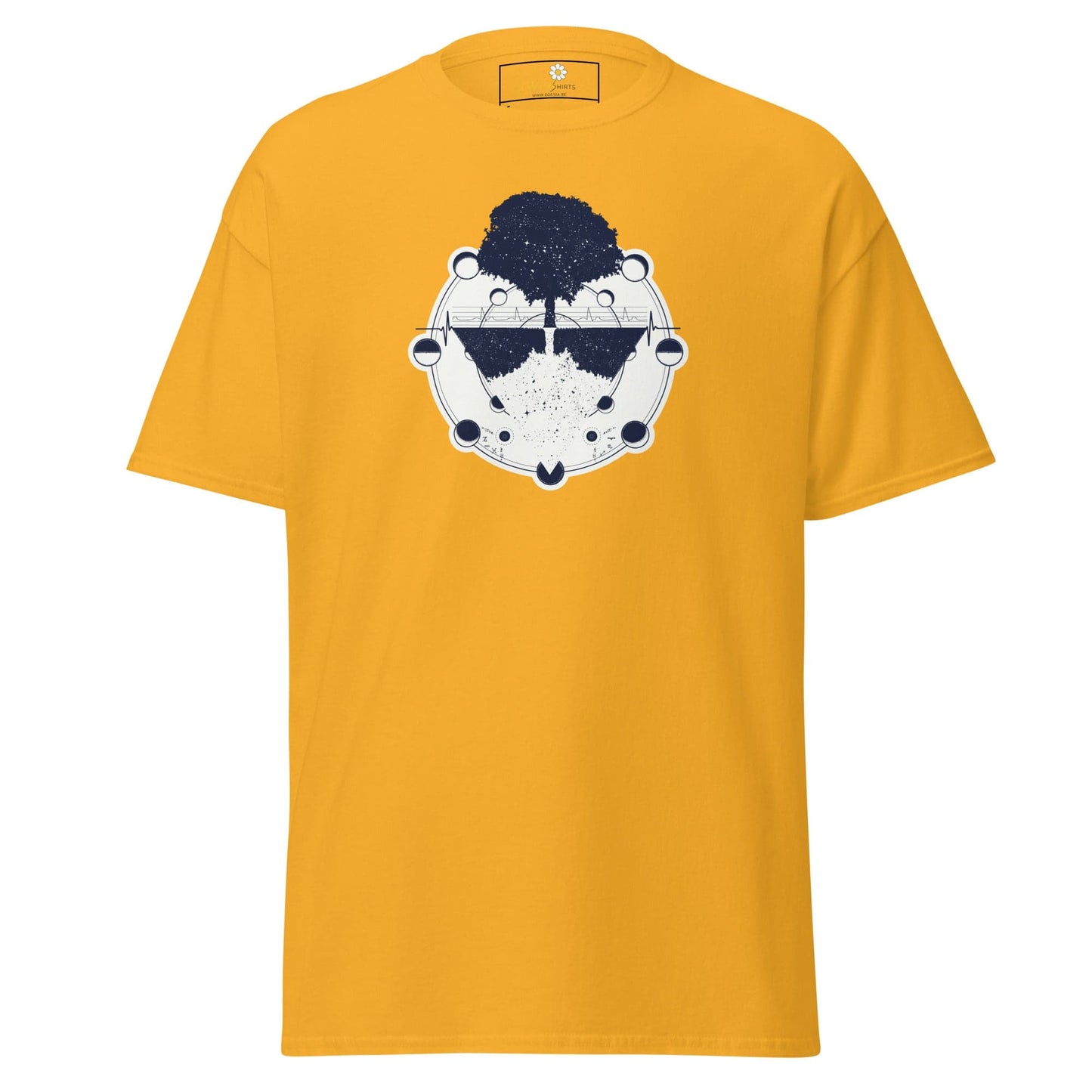 Yellow t-shirt with tree and moon phases design for men and women in sizes S to XL