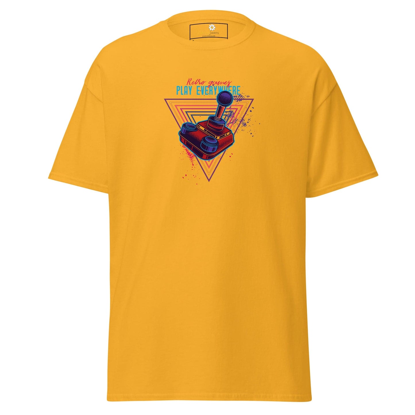 Yellow T-shirt with retro gaming design for men and women in sizes S to XL