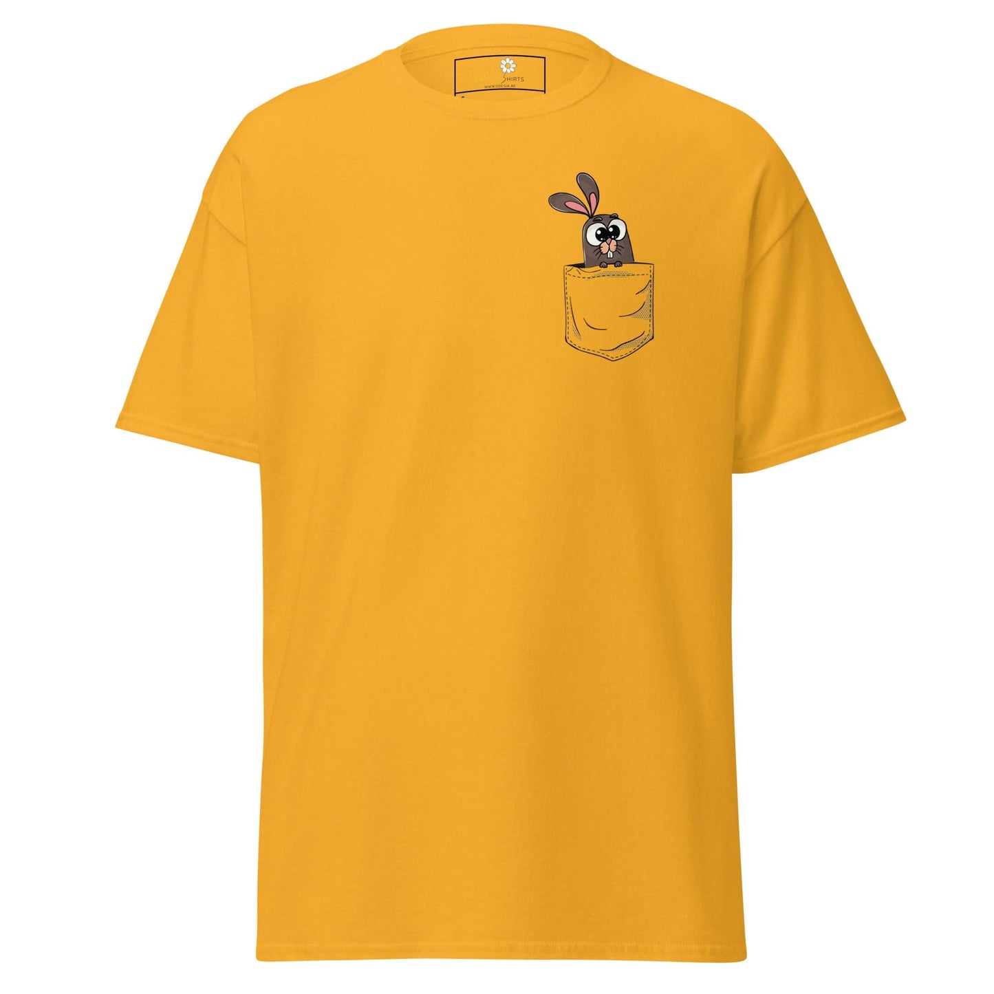 Yellow T-shirt with cartoon rabbit in pocket for men and women, available in sizes S to XL
