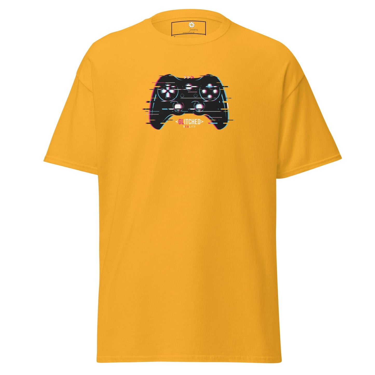 Yellow T-shirt featuring a glitchy controller design for men and women in S to XL sizes