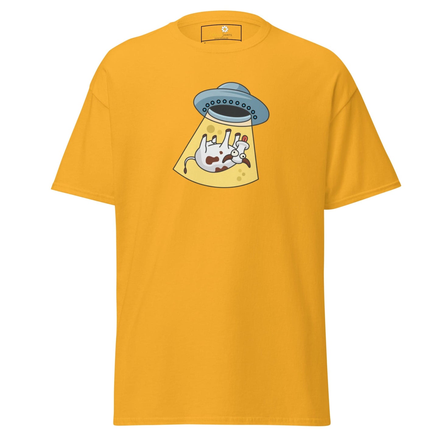 Yellow T-shirt with UFO cow abduction graphic, ideal for men and women sizes S to XL