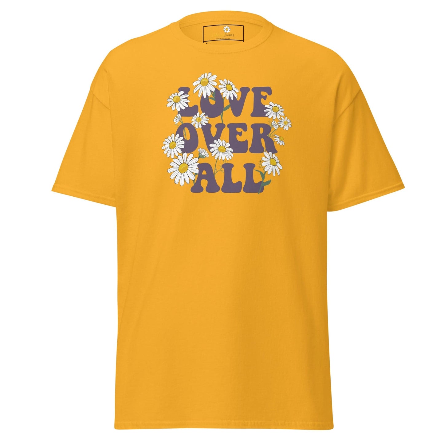 Yellow T-shirt with floral Love Over All design for men and women in sizes S to XL