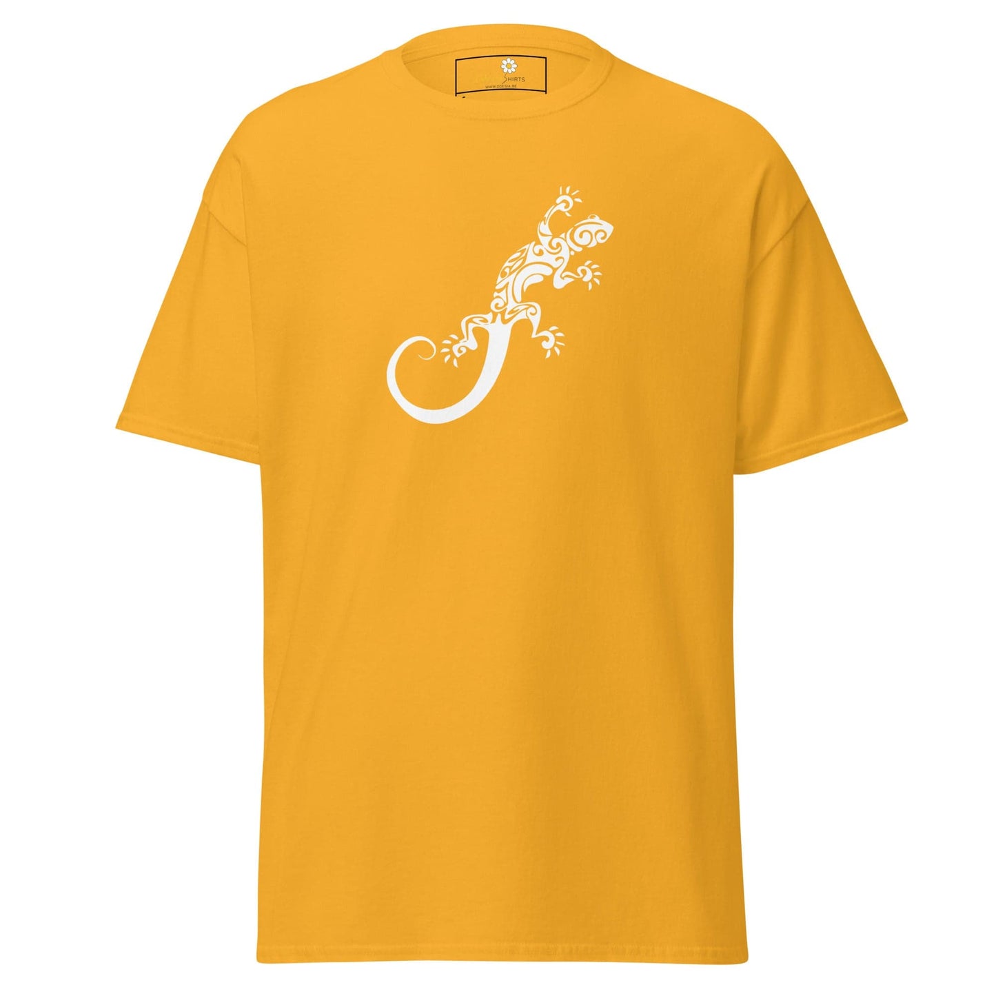 Yellow T-shirt with white lizard graphic for men and women in S to XL sizes