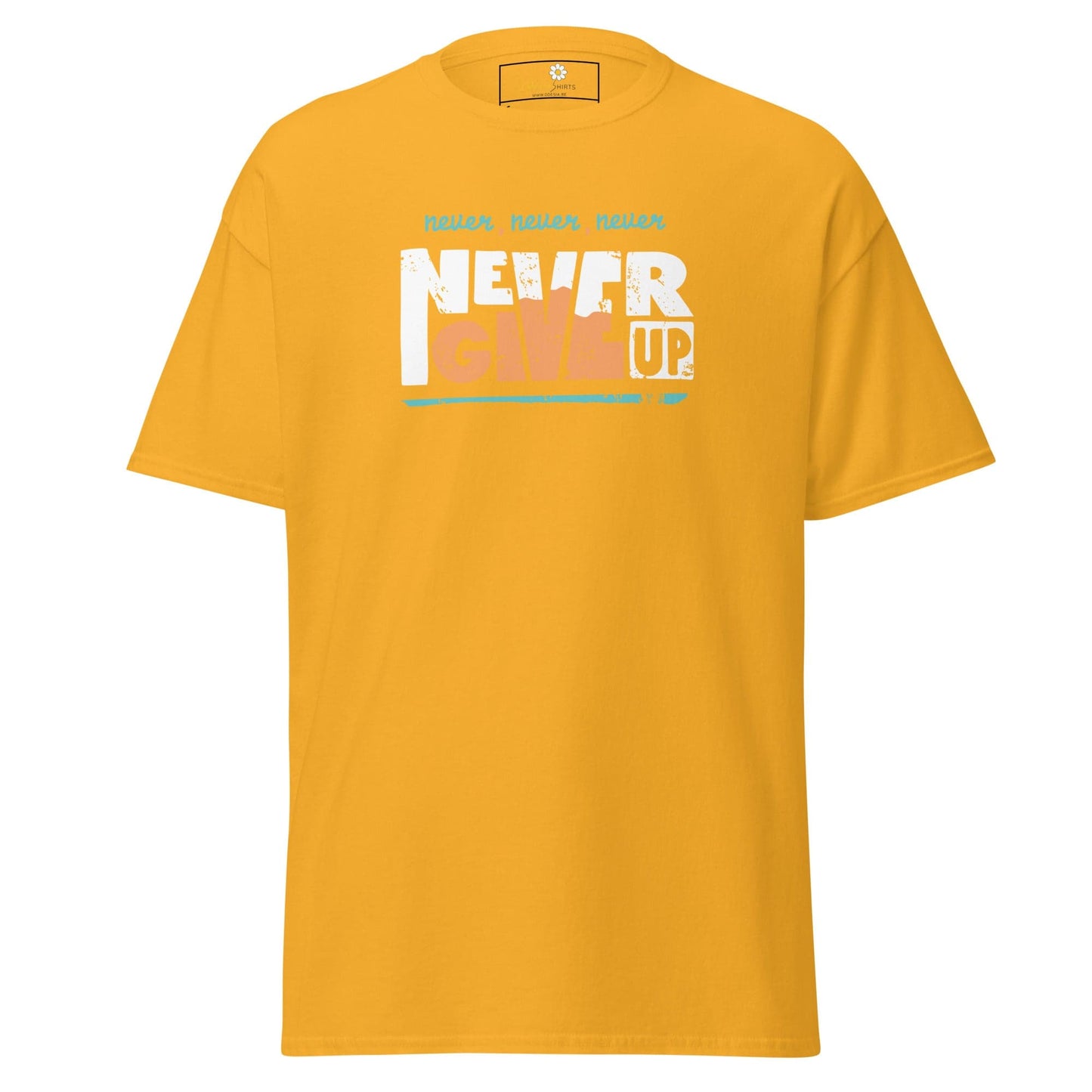 Yellow T-shirt with Never Give Up graphic, suitable for Men and Women, S to XL sizes