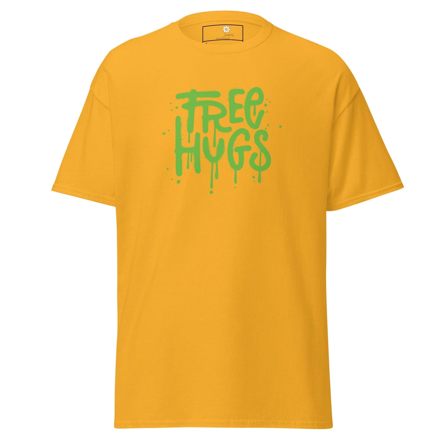 Yellow T-shirt with green Free Hugs text, designed for Men and Women in sizes S to XL