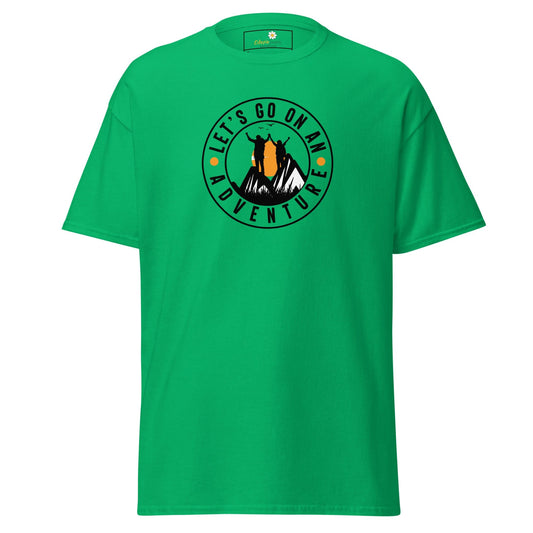 Green T-shirt with adventure graphic for men and women available in sizes S to XL