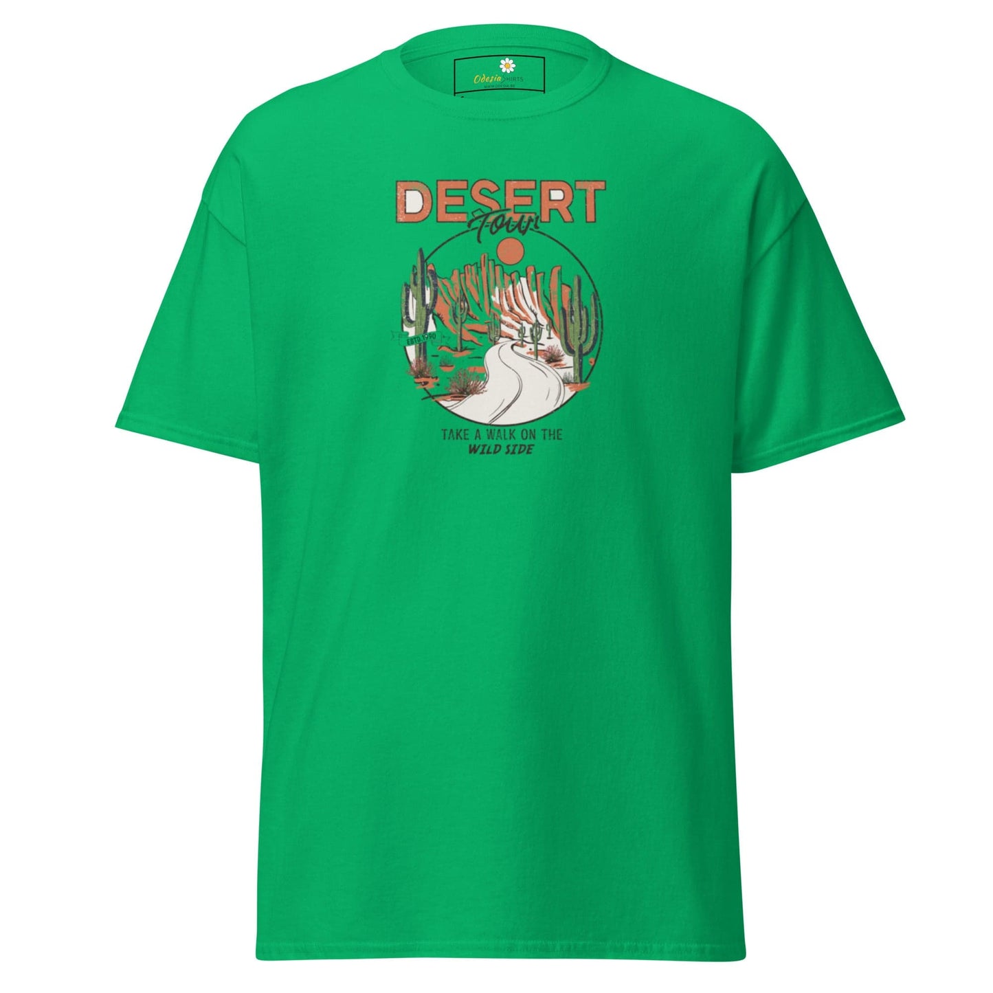Green T-shirt featuring a desert graphic, ideal for men and women in sizes S to XL