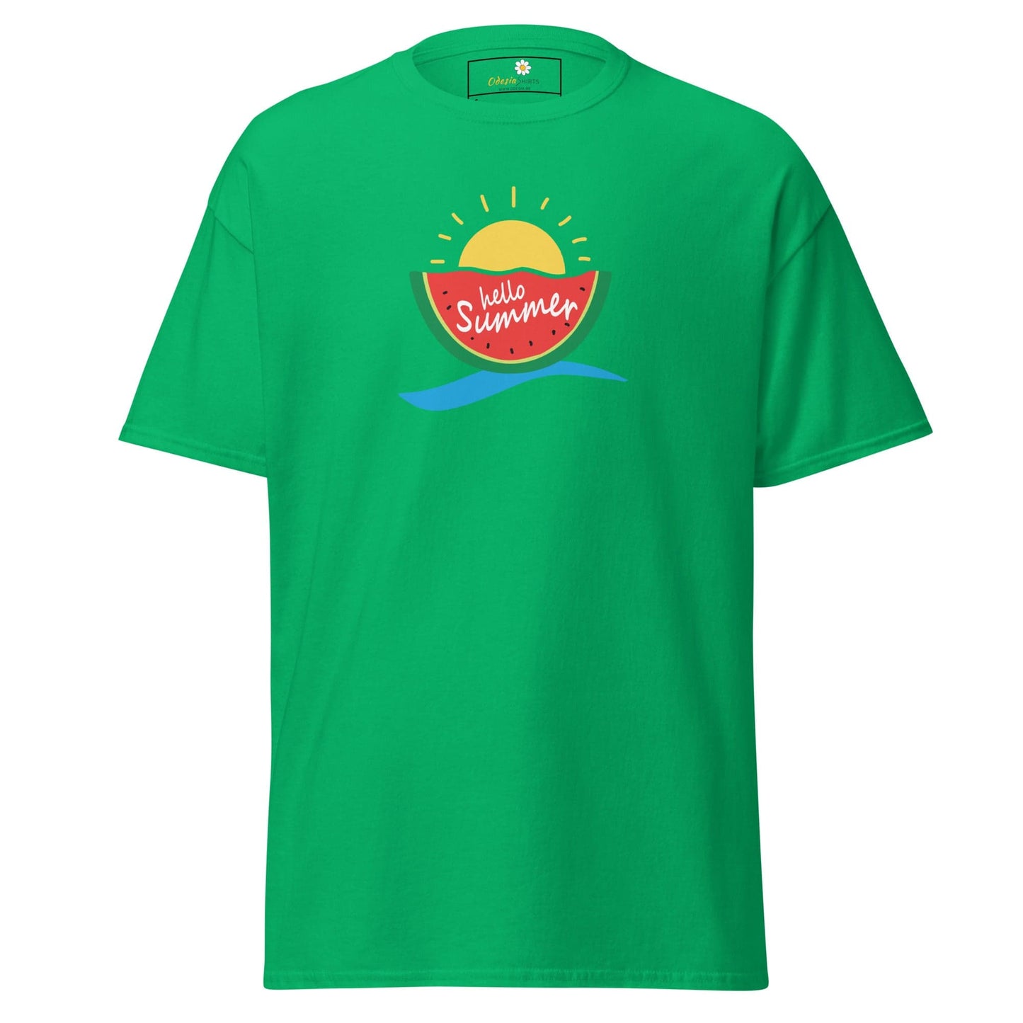 Green T-shirt with summer graphic, suitable for men and women, available in sizes S to XL