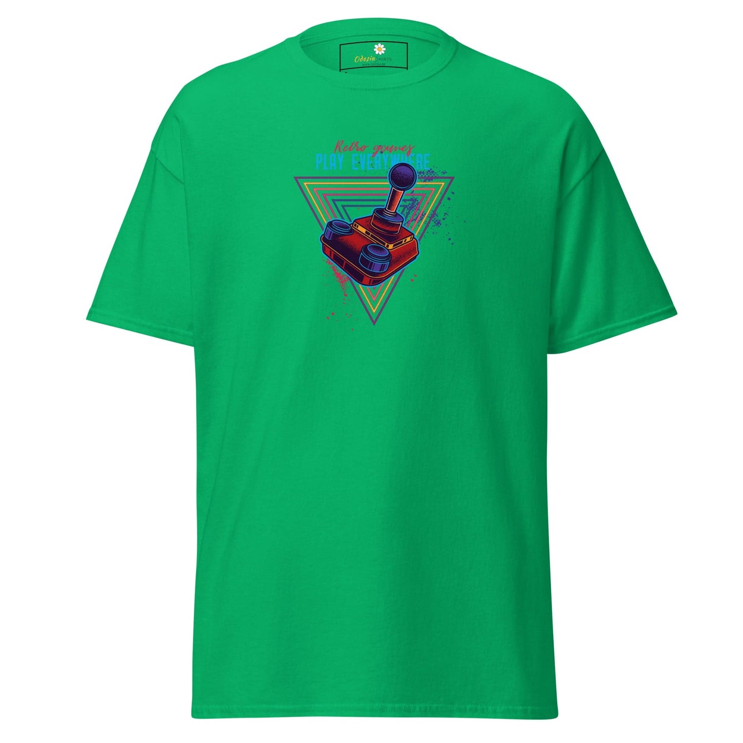 Green T-shirt with retro joystick design, suitable for men and women sizes S to XL