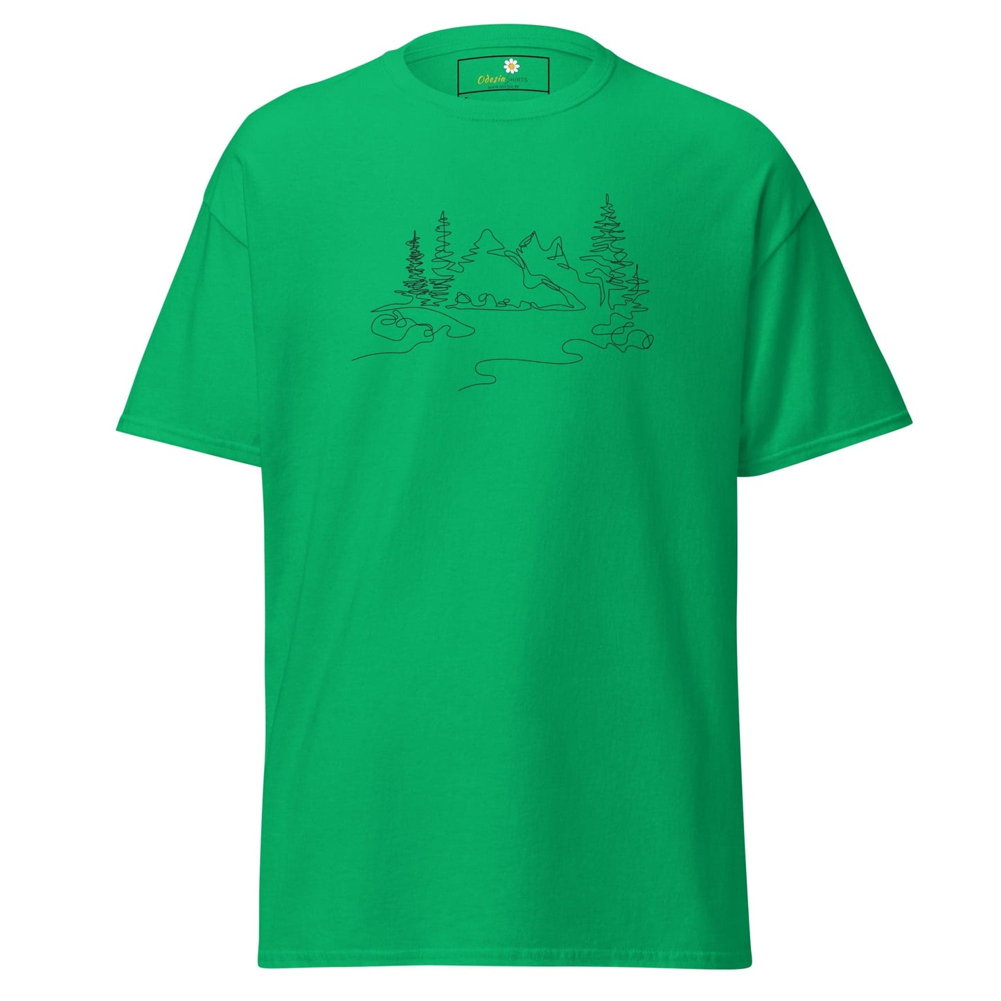 Green T-shirt with mountain scene design for men and women in sizes S to XL
