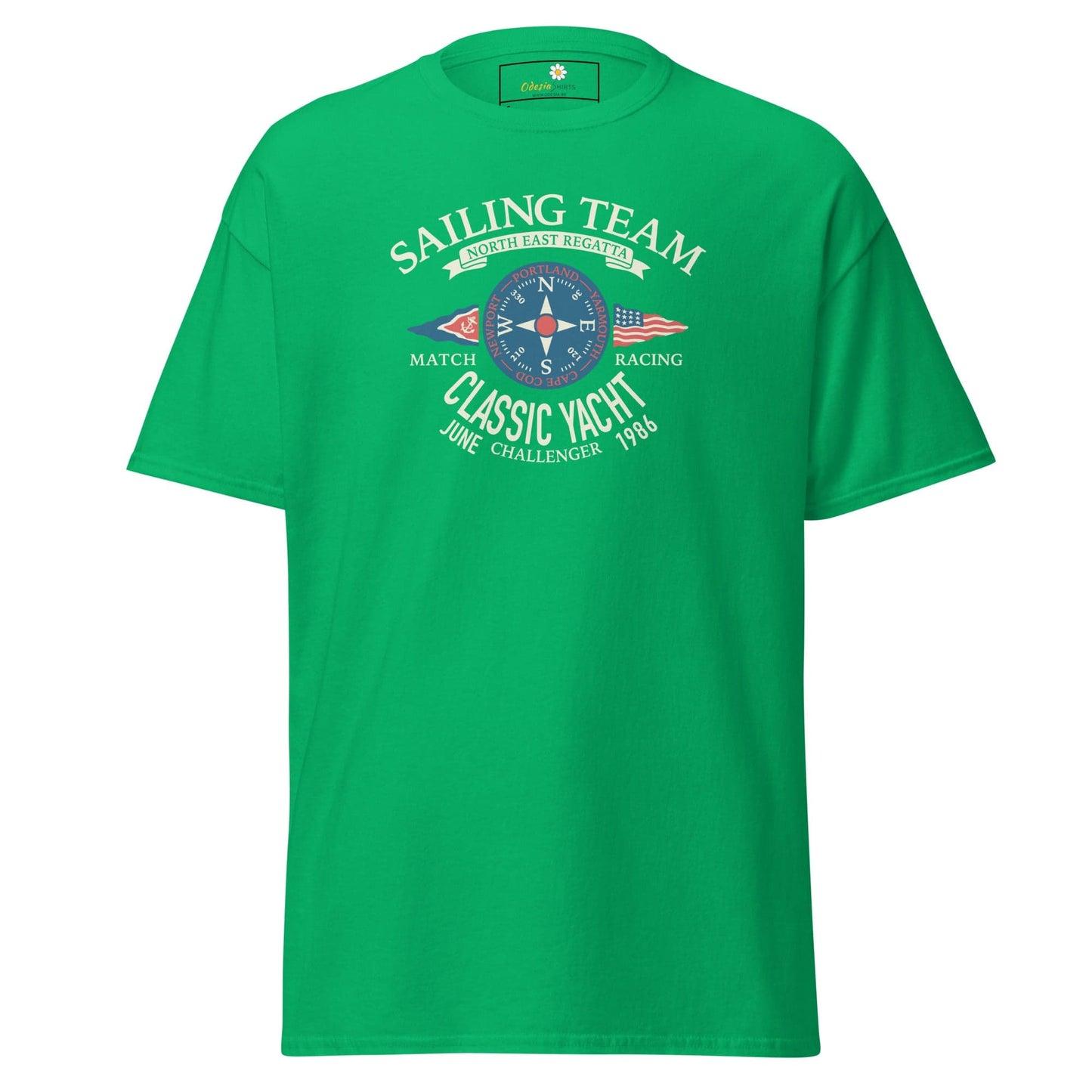Green T-shirt with sailing graphic for men and women in size S to XL