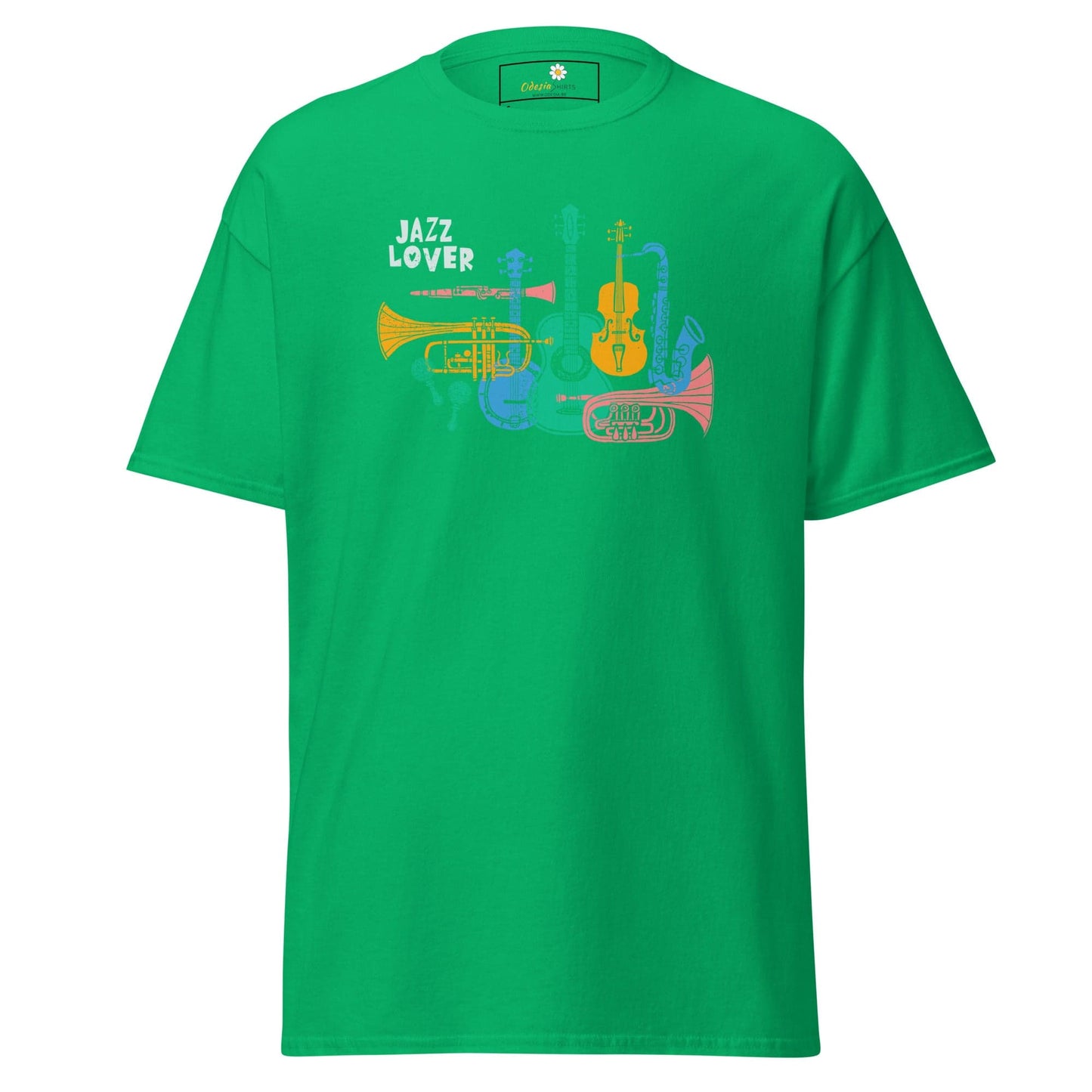 Green T-shirt with jazz instrument graphics for men and women, available in sizes S to XL