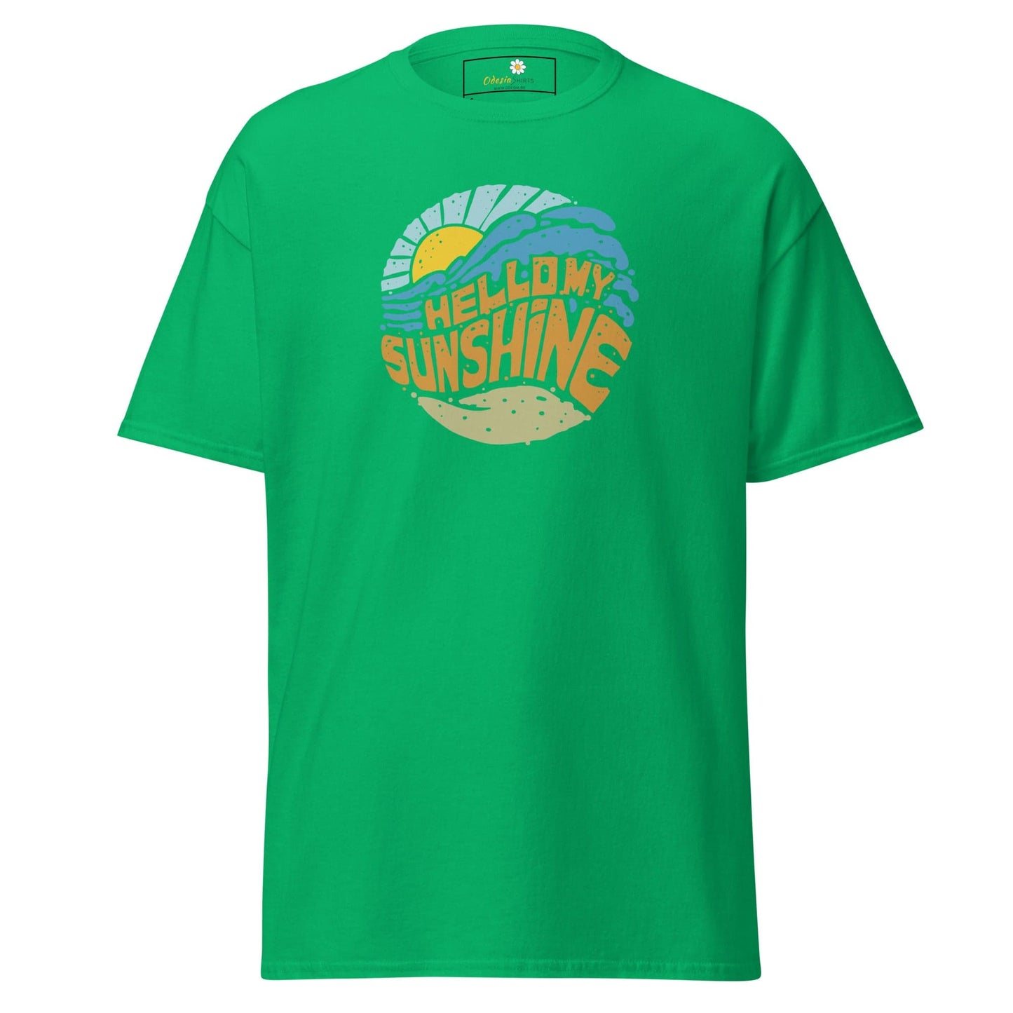 Green T-shirt with beach-themed graphic for men and women, available in sizes S to XL