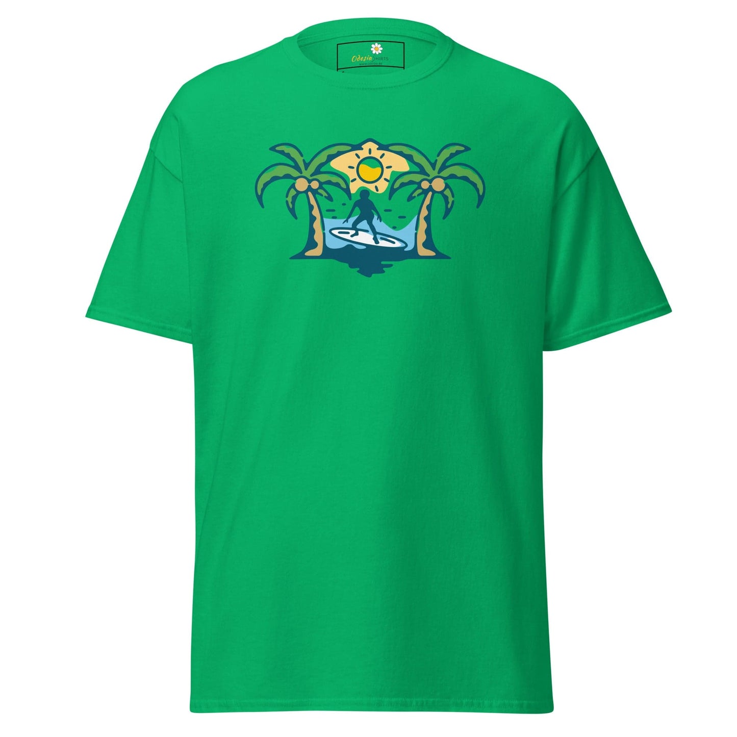 Green T-shirt with surfer graphic from T-SHIRT DESIGN TEE for men and women in sizes S to XL