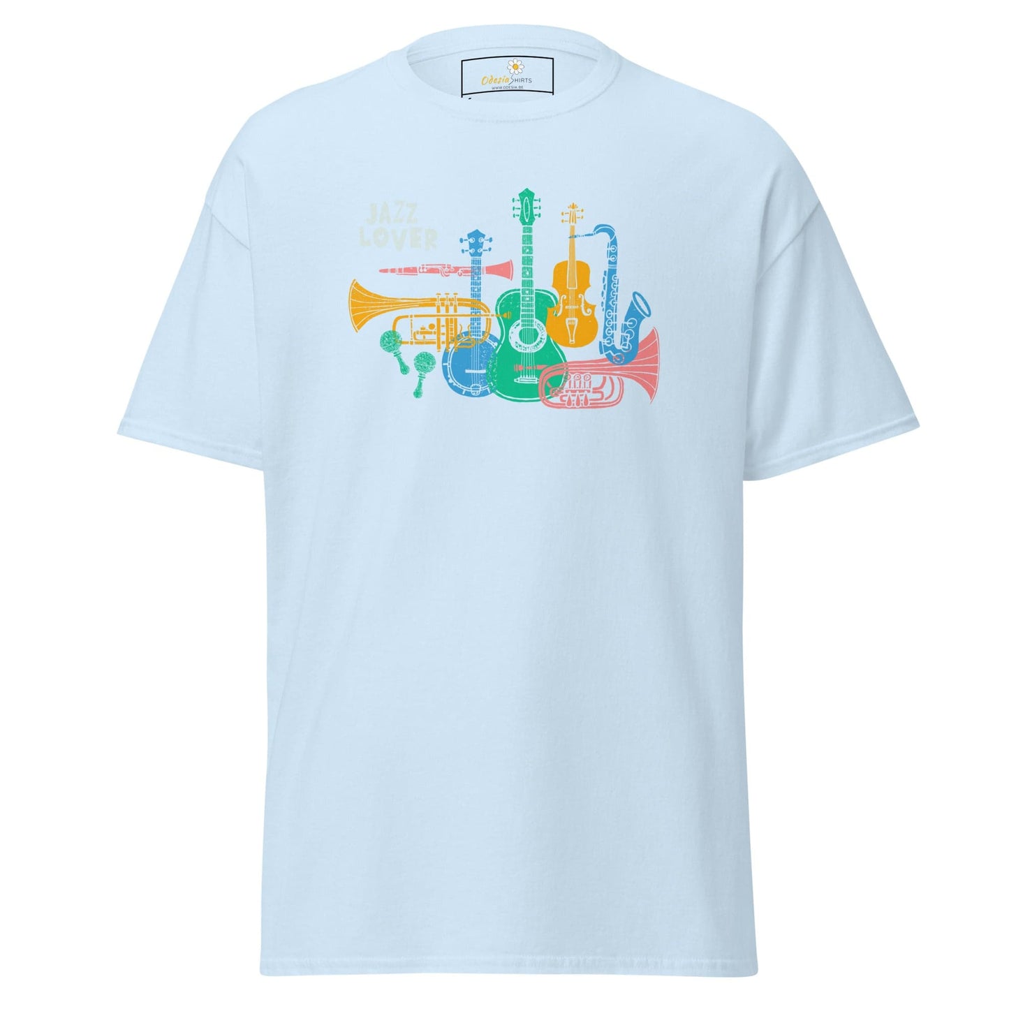 Light blue T-shirt with musical instrument print for Men and Women in sizes S to XL