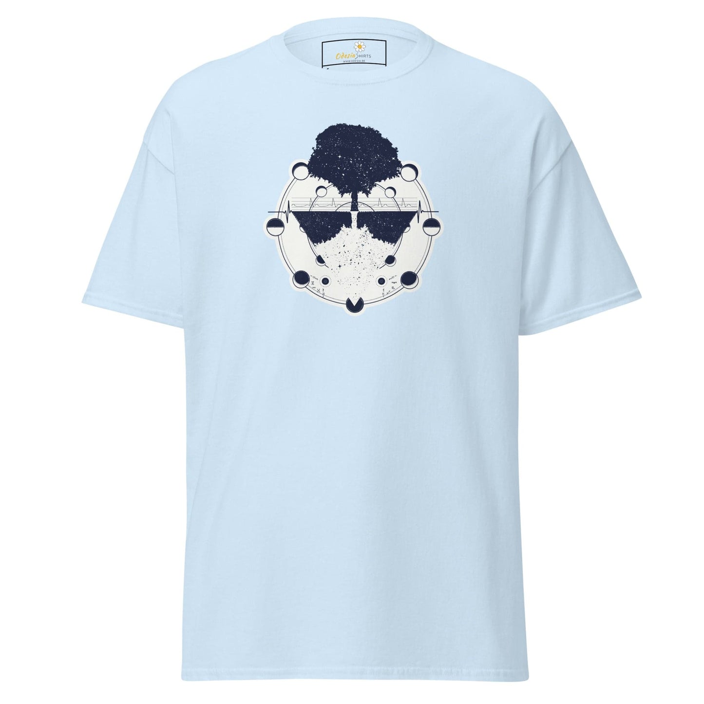 Light blue T-shirt featuring a tree design for men and women in sizes S to XL