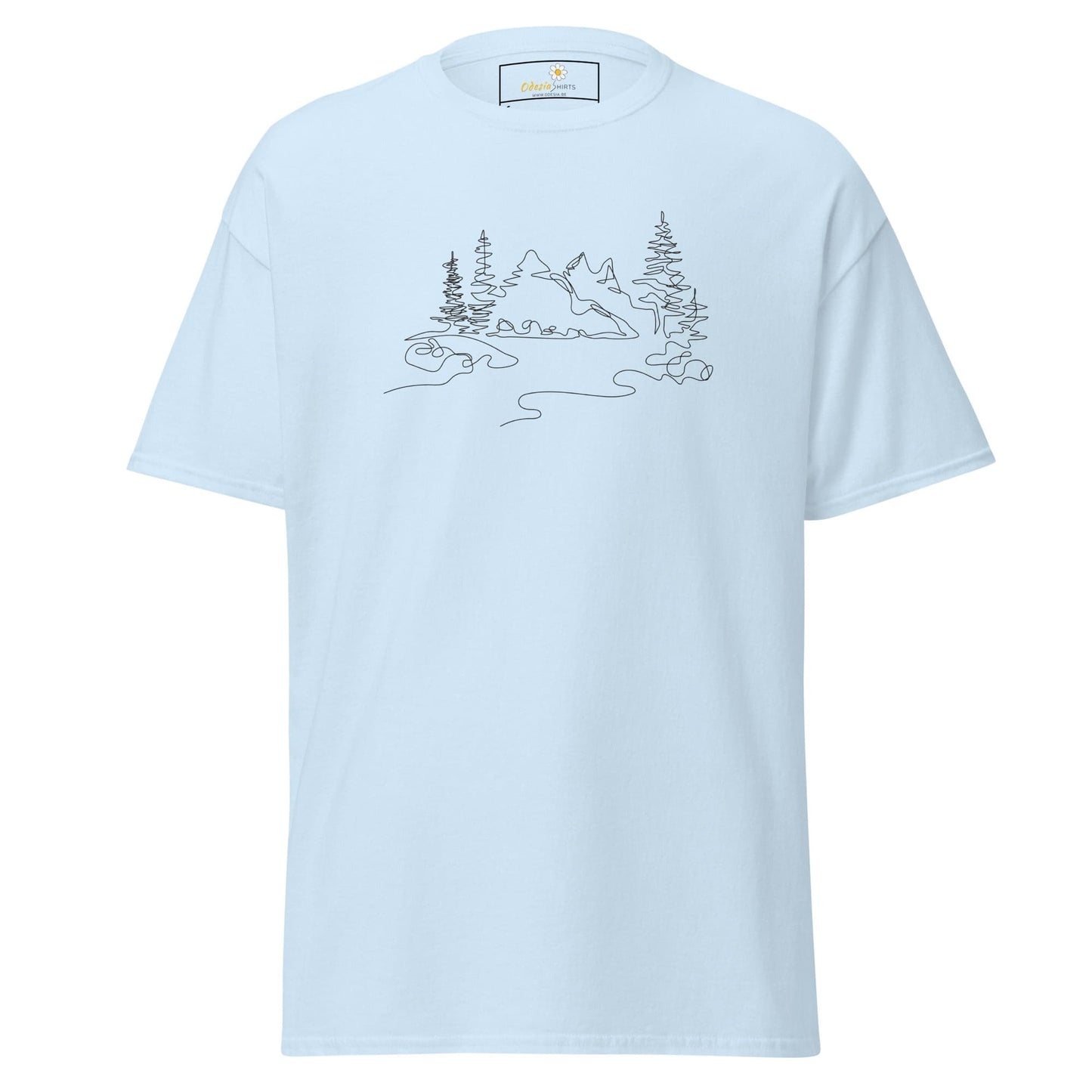 Light blue T-shirt featuring mountain and tree design for men and women in various sizes