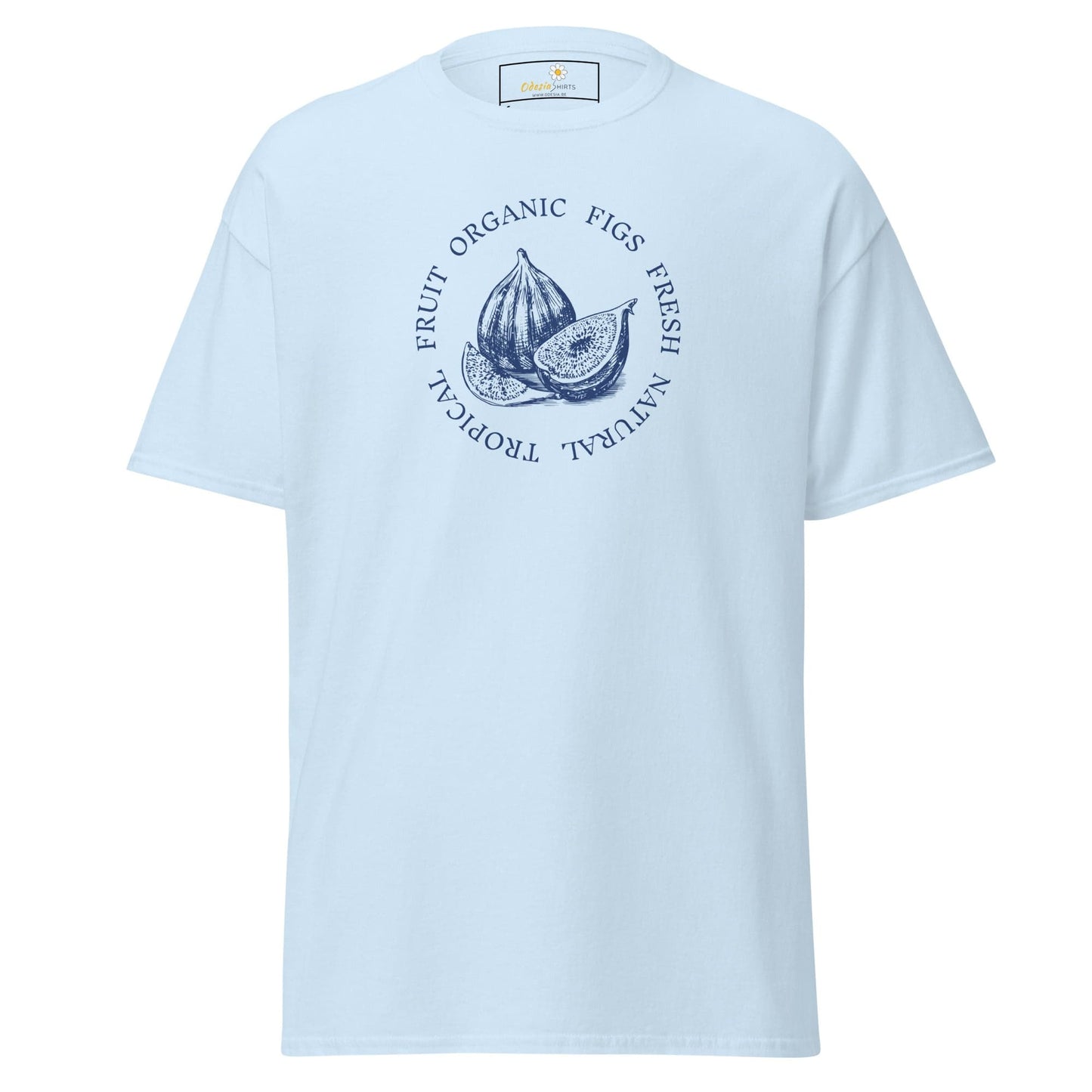 Light blue T-shirt featuring a fig graphic for Men and Women sizes S to XL
