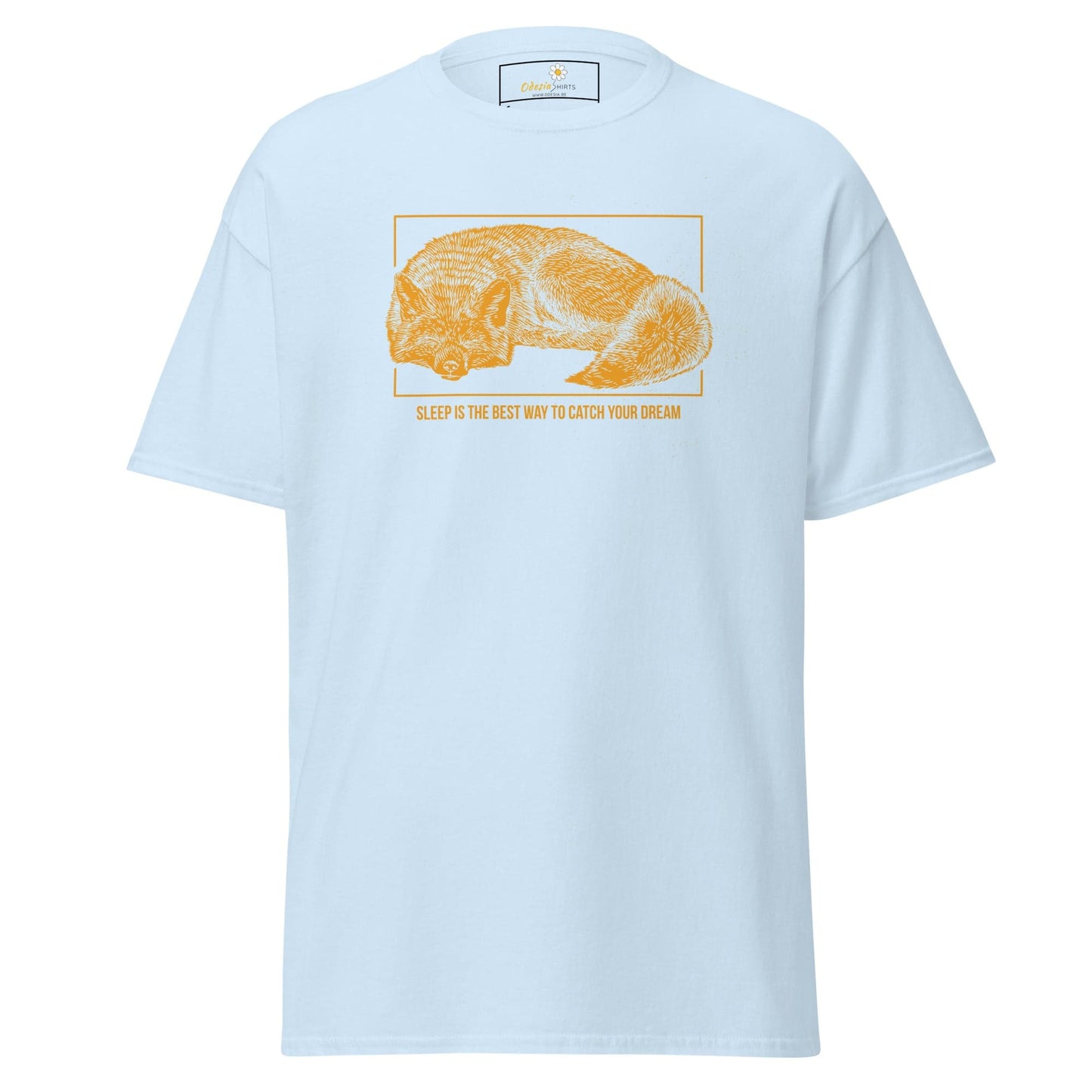 Light blue T-shirt with sleeping dog graphic suitable for men and women sizes S to XL