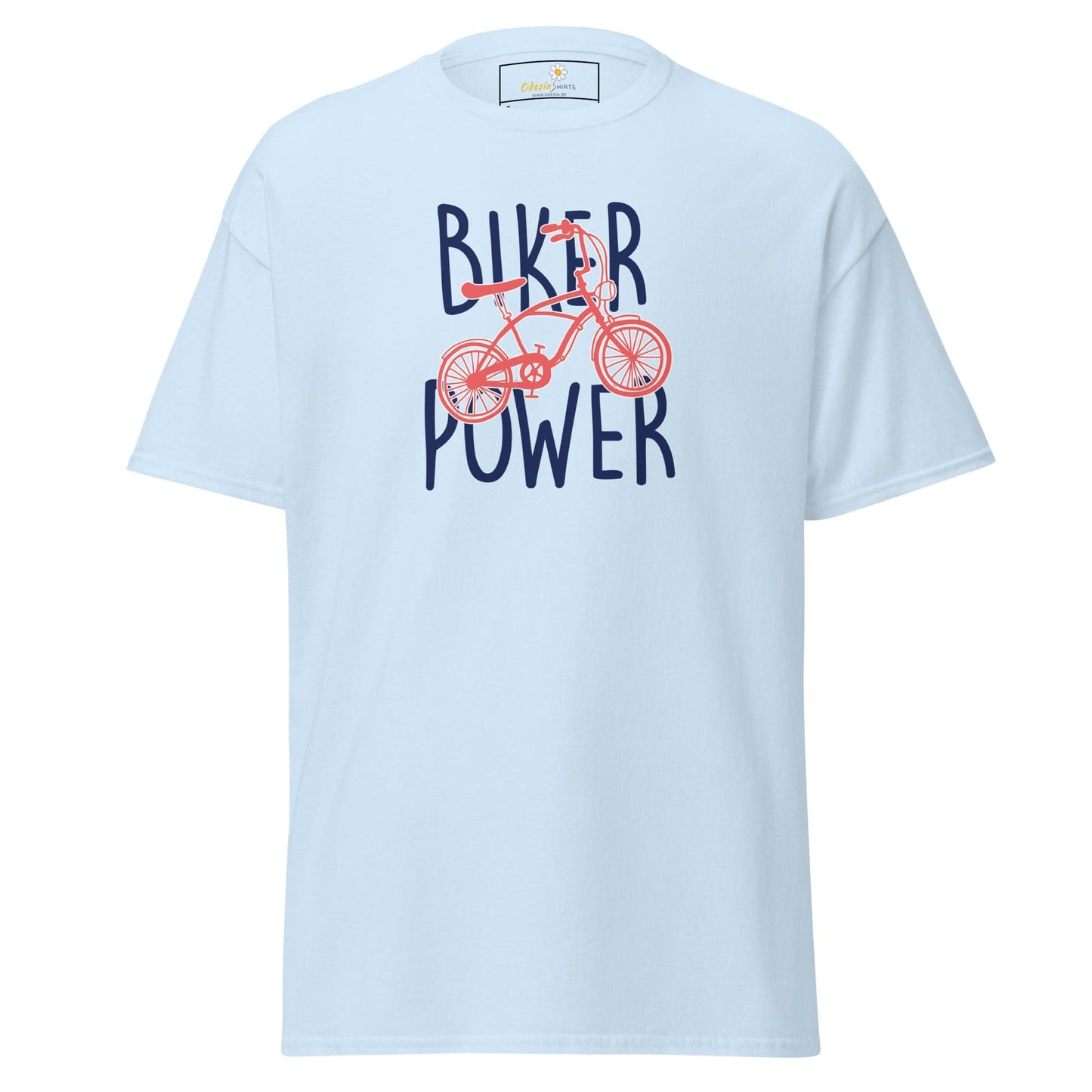 Light blue T-shirt with bicycle graphic for men and women in sizes S to XL