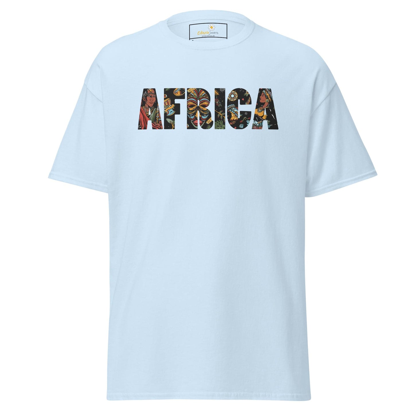 Light blue T-shirt with AFRICA graphic, suitable for men and women, available in sizes S to XL