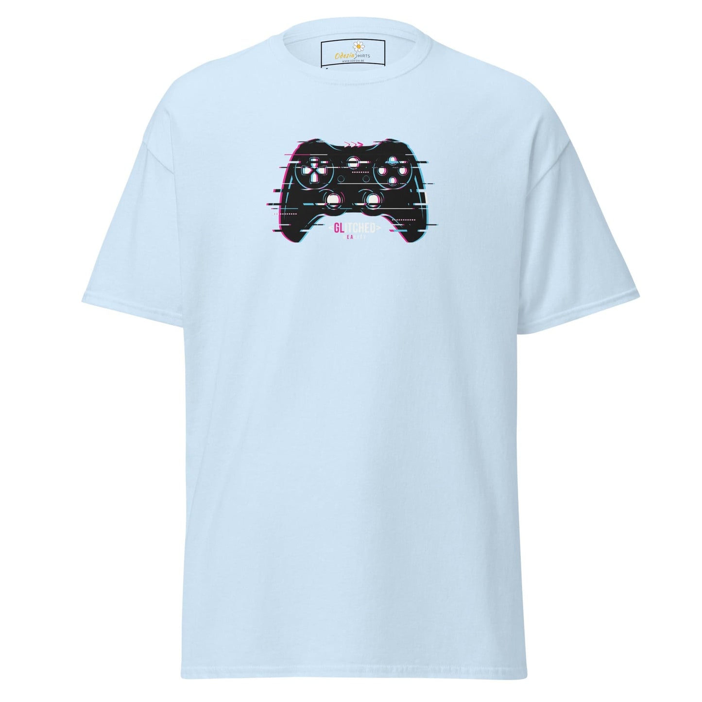 Light blue T-shirt featuring a glitching game controller design for men and women