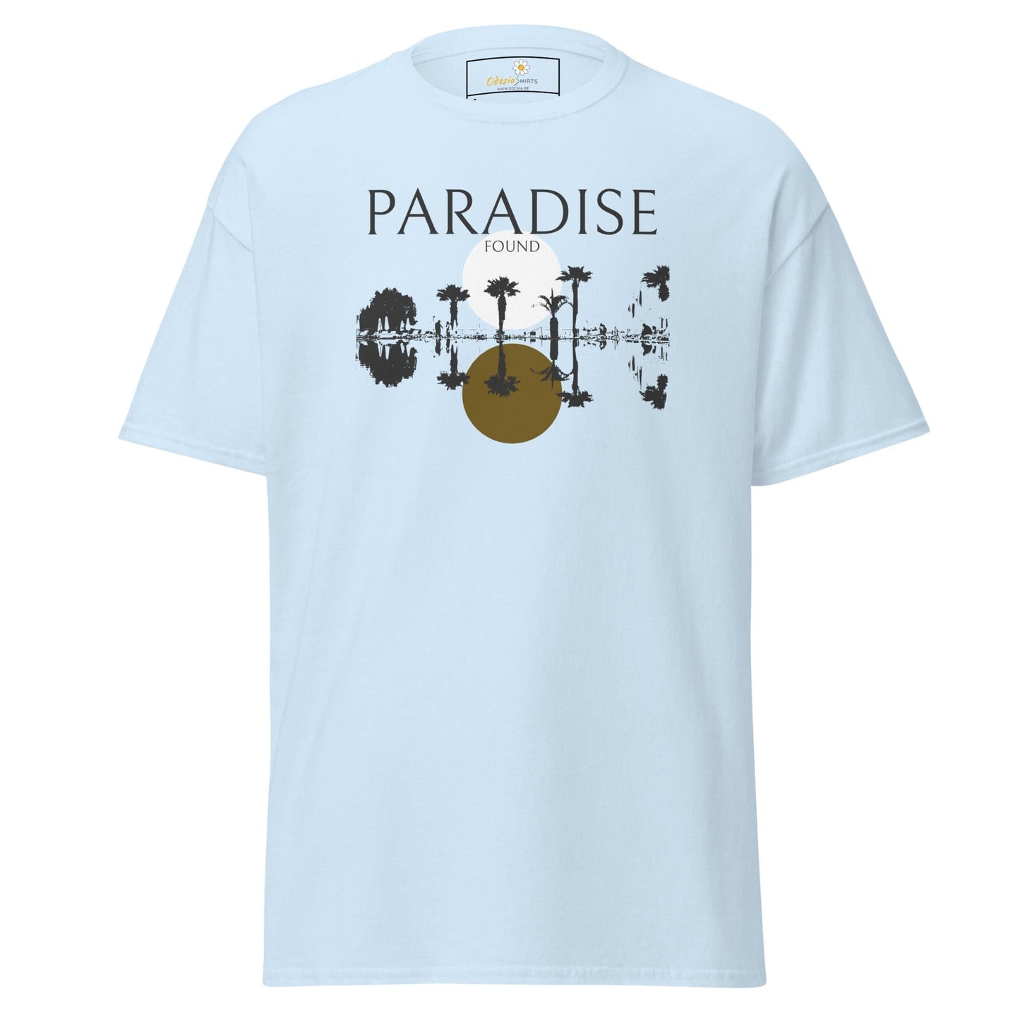 Light blue T-shirt with tropical graphic, suitable for Men and Women, sizes S to XL