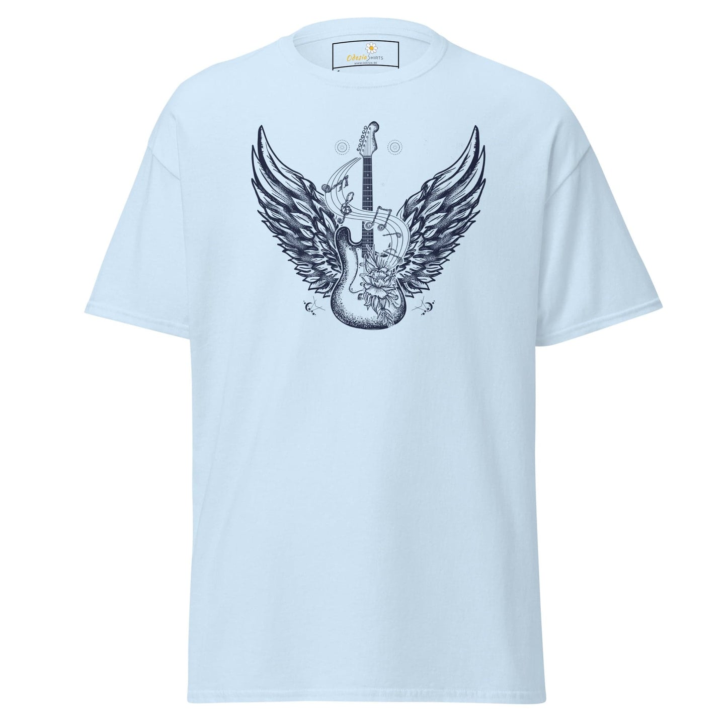 Light blue t-shirt with guitar and wings graphic for Men and Women available in sizes S to XL